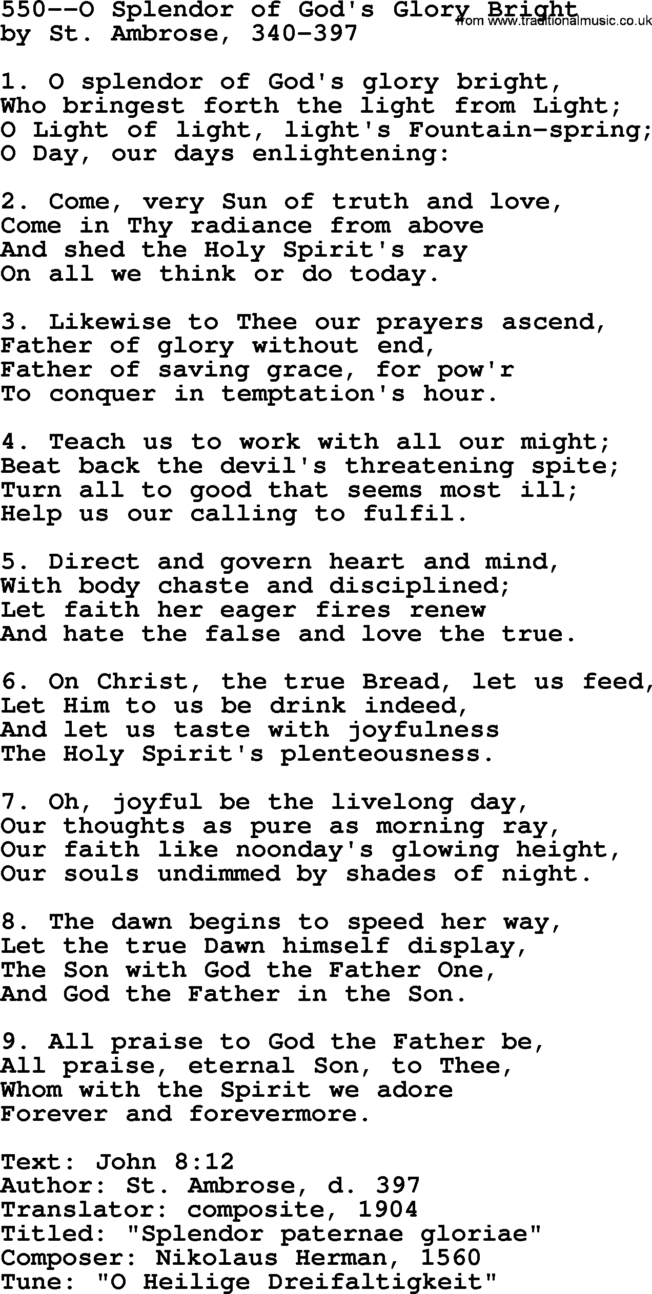 Lutheran Hymn: 550--O Splendor of God's Glory Bright.txt lyrics with PDF