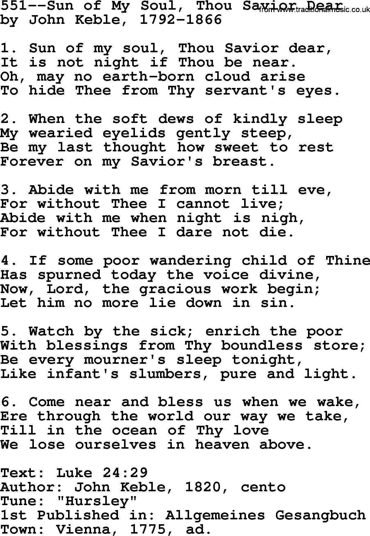 Lutheran Hymn: 551--Sun of My Soul, Thou Savior Dear.txt lyrics with PDF