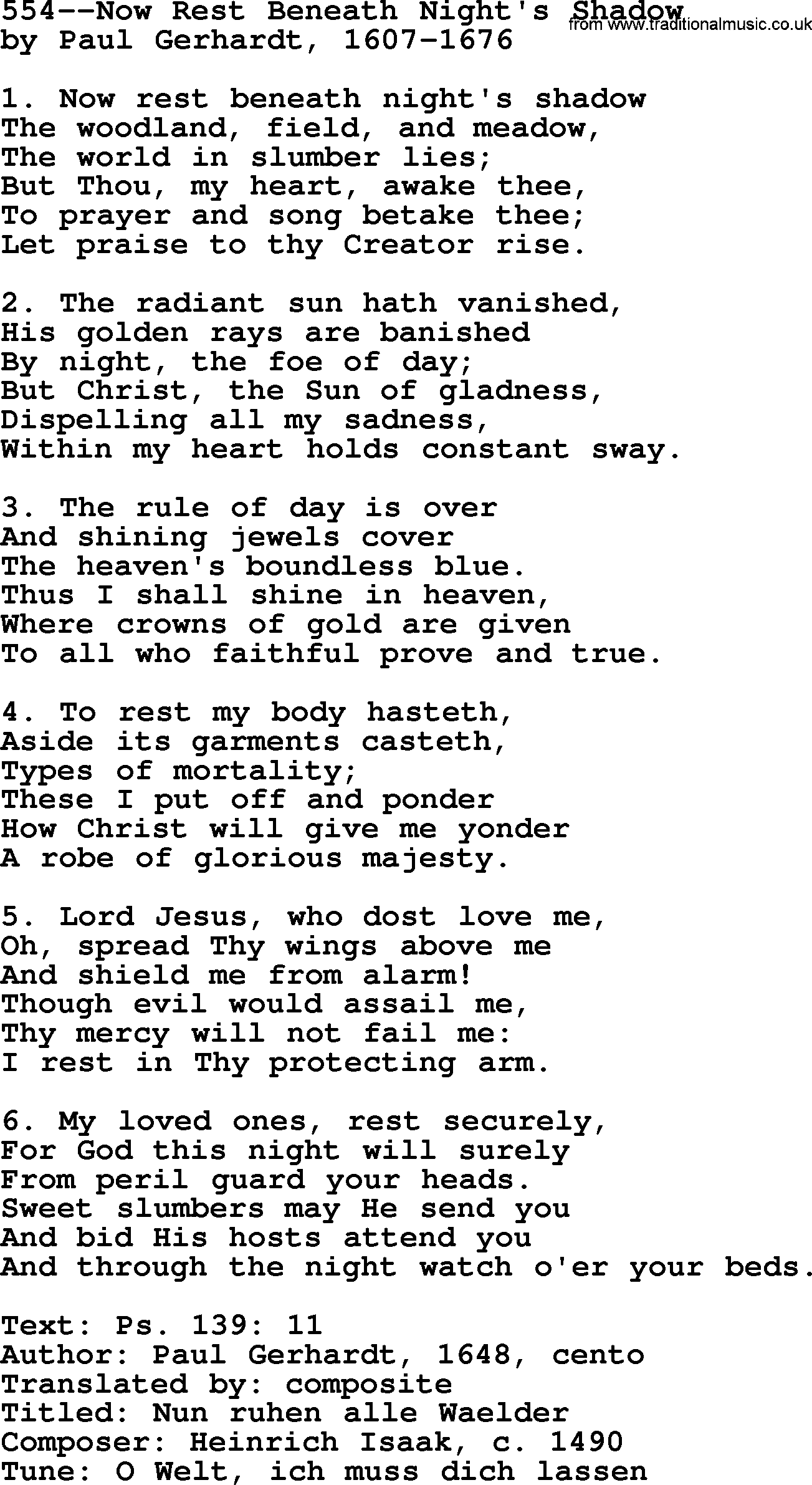 Lutheran Hymn: 554--Now Rest Beneath Night's Shadow.txt lyrics with PDF