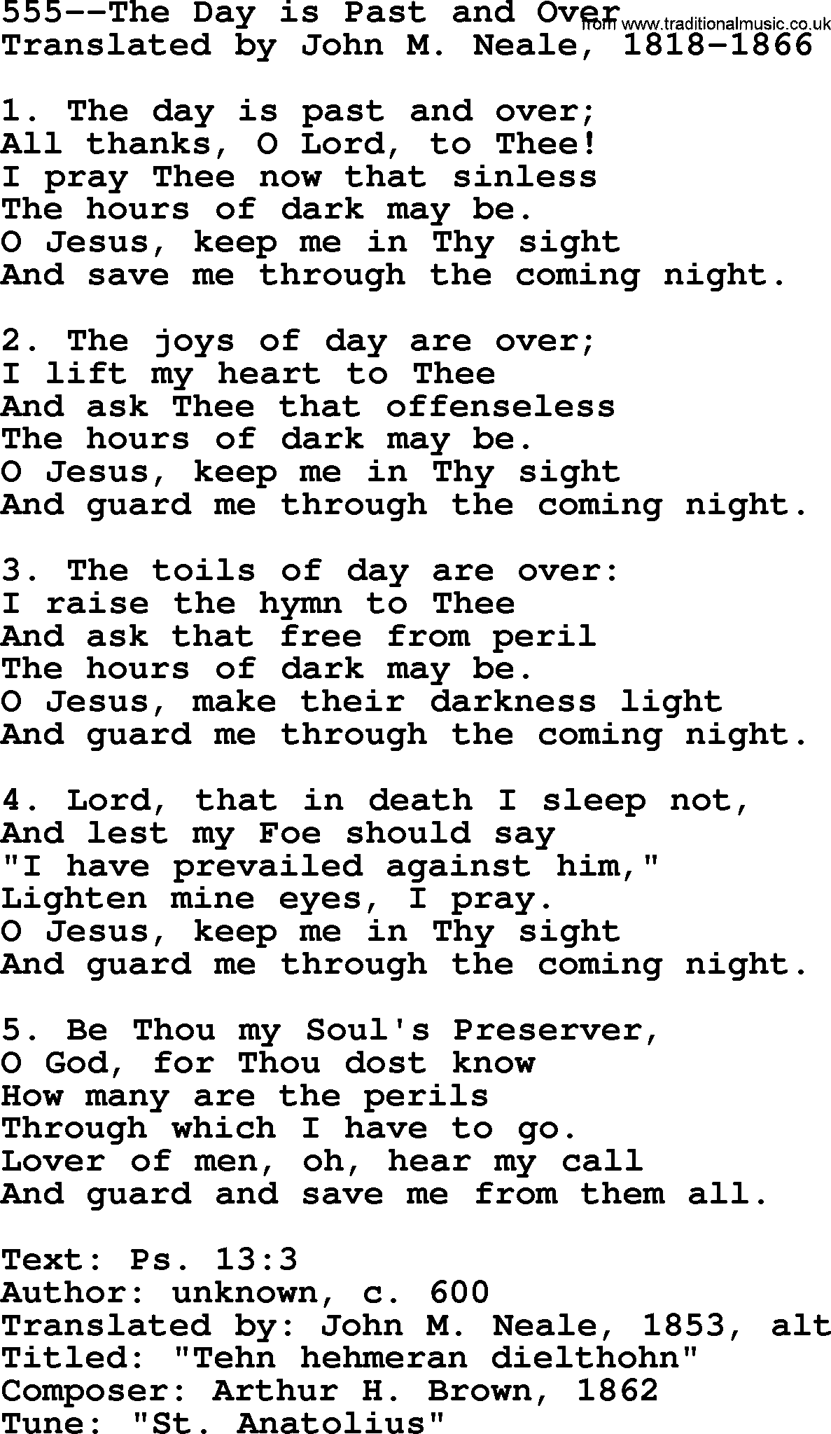 Lutheran Hymn: 555--The Day is Past and Over.txt lyrics with PDF