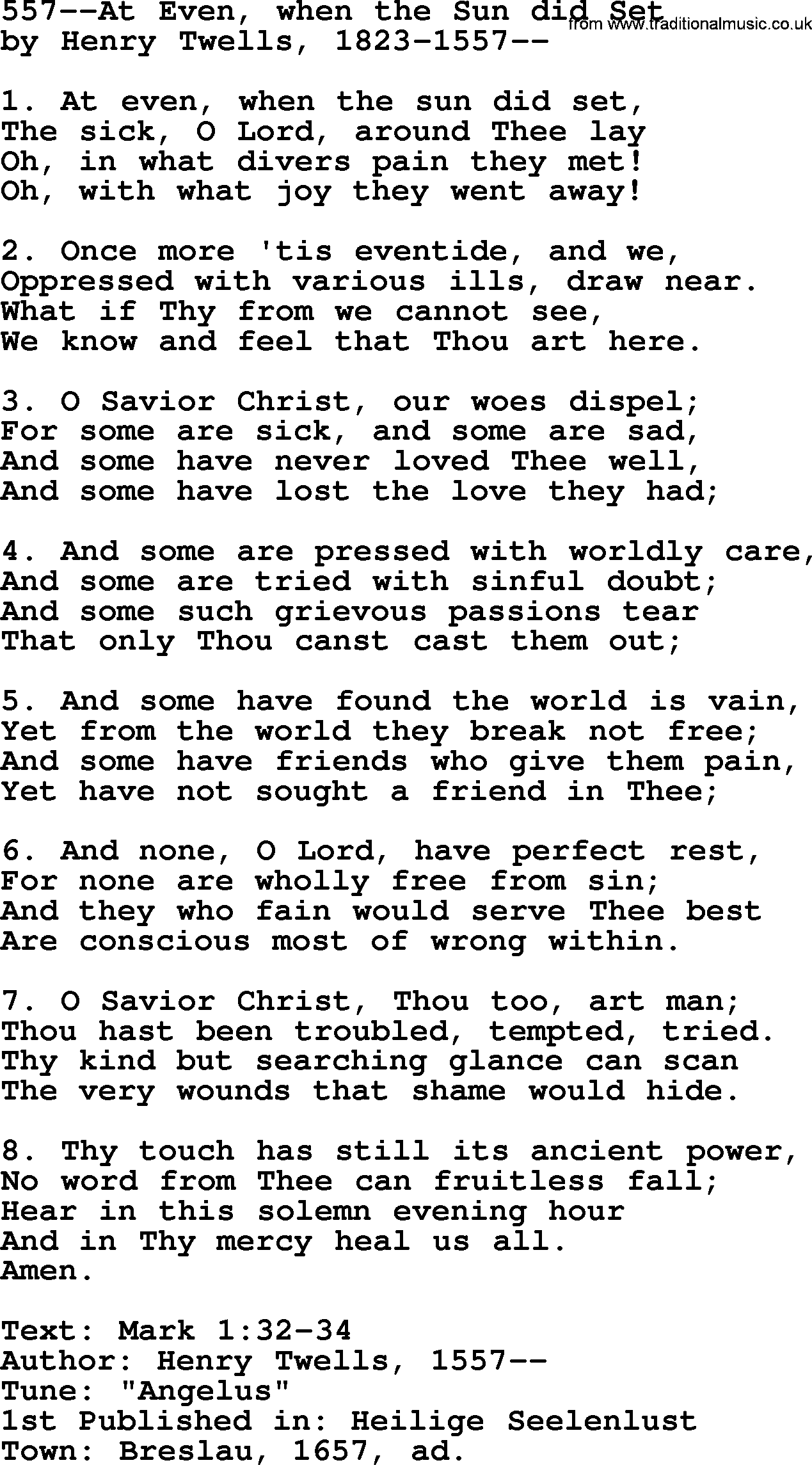 Lutheran Hymn: 557--At Even, when the Sun did Set.txt lyrics with PDF
