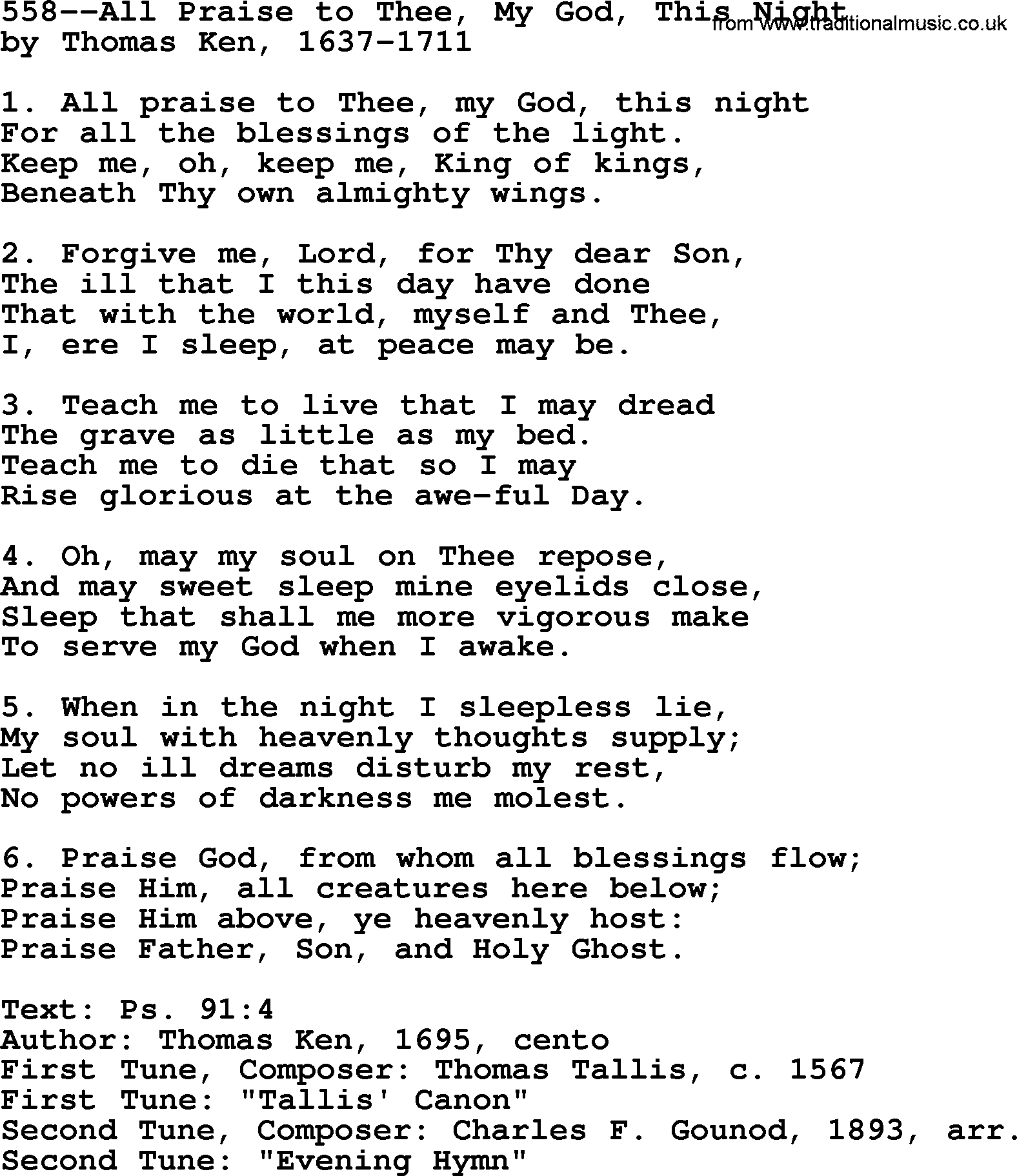Lutheran Hymn: 558--All Praise to Thee, My God, This Night.txt lyrics with PDF