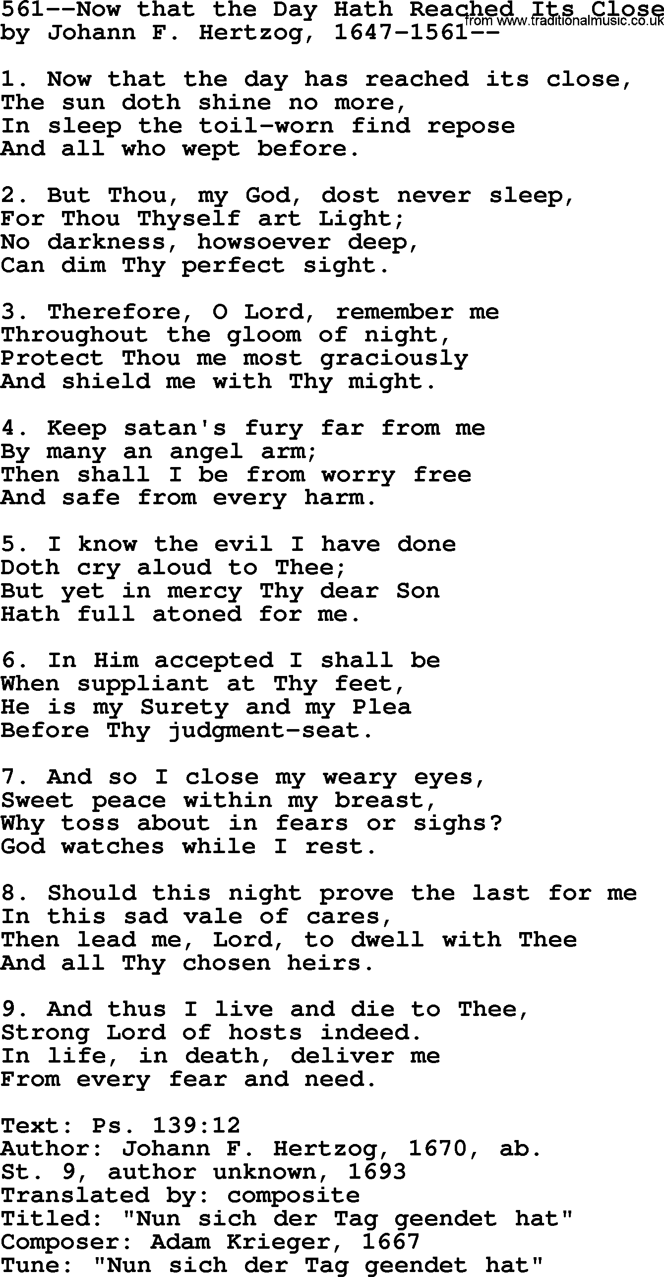 Lutheran Hymn: 561--Now that the Day Hath Reached Its Close.txt lyrics with PDF