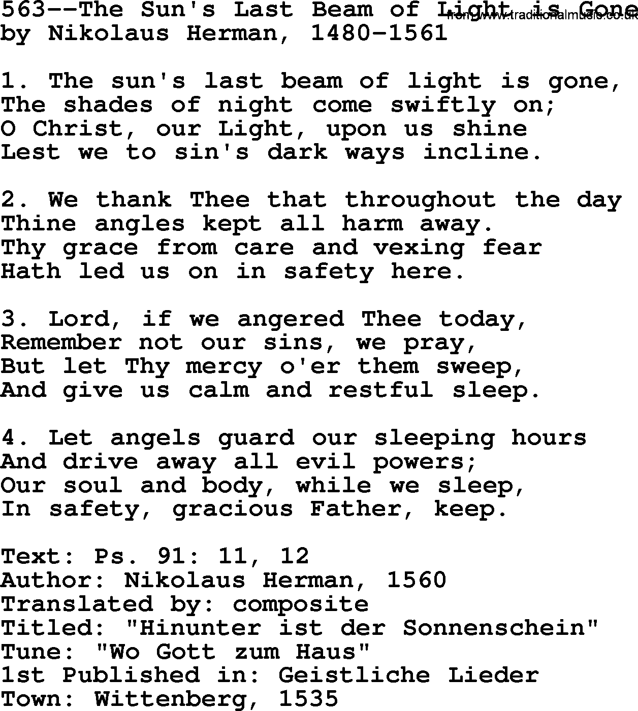 Lutheran Hymn: 563--The Sun's Last Beam of Light is Gone.txt lyrics with PDF