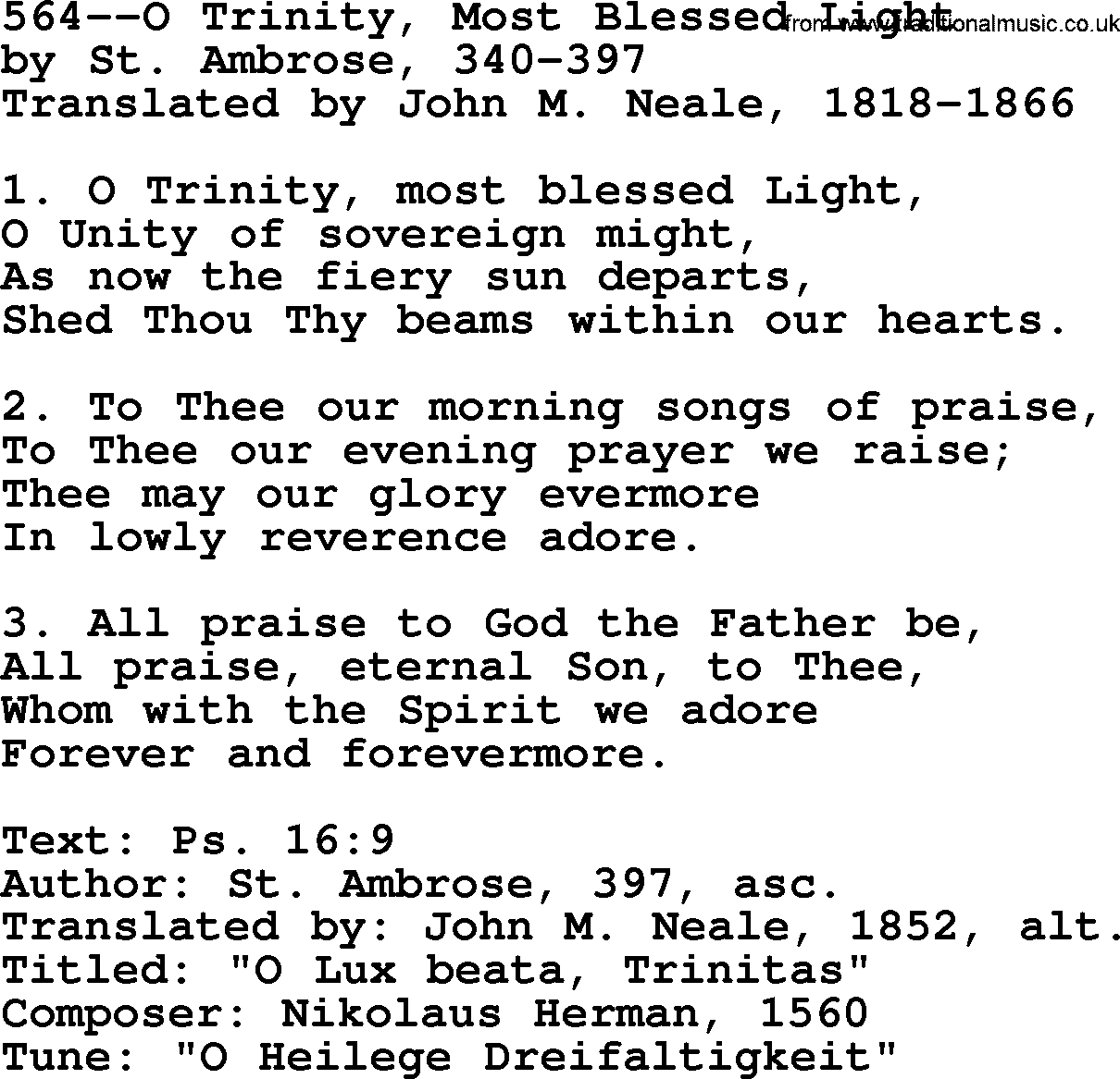 Lutheran Hymn: 564--O Trinity, Most Blessed Light.txt lyrics with PDF