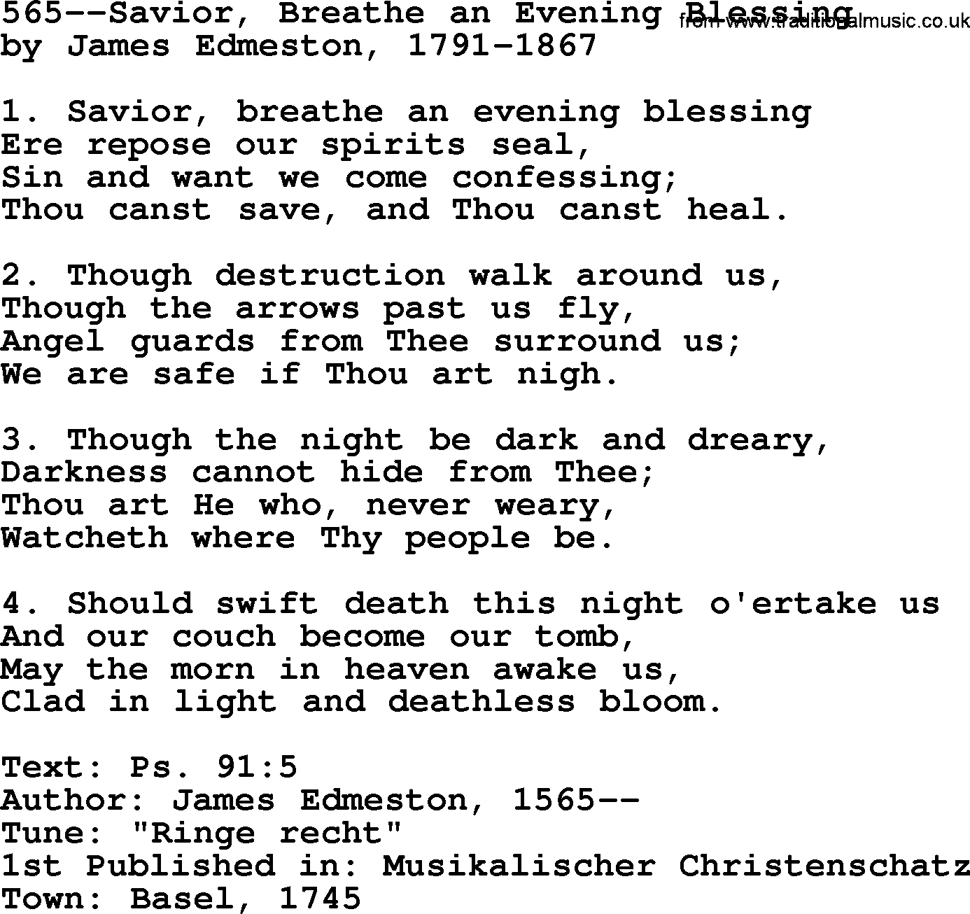 Lutheran Hymn: 565--Savior, Breathe an Evening Blessing.txt lyrics with PDF