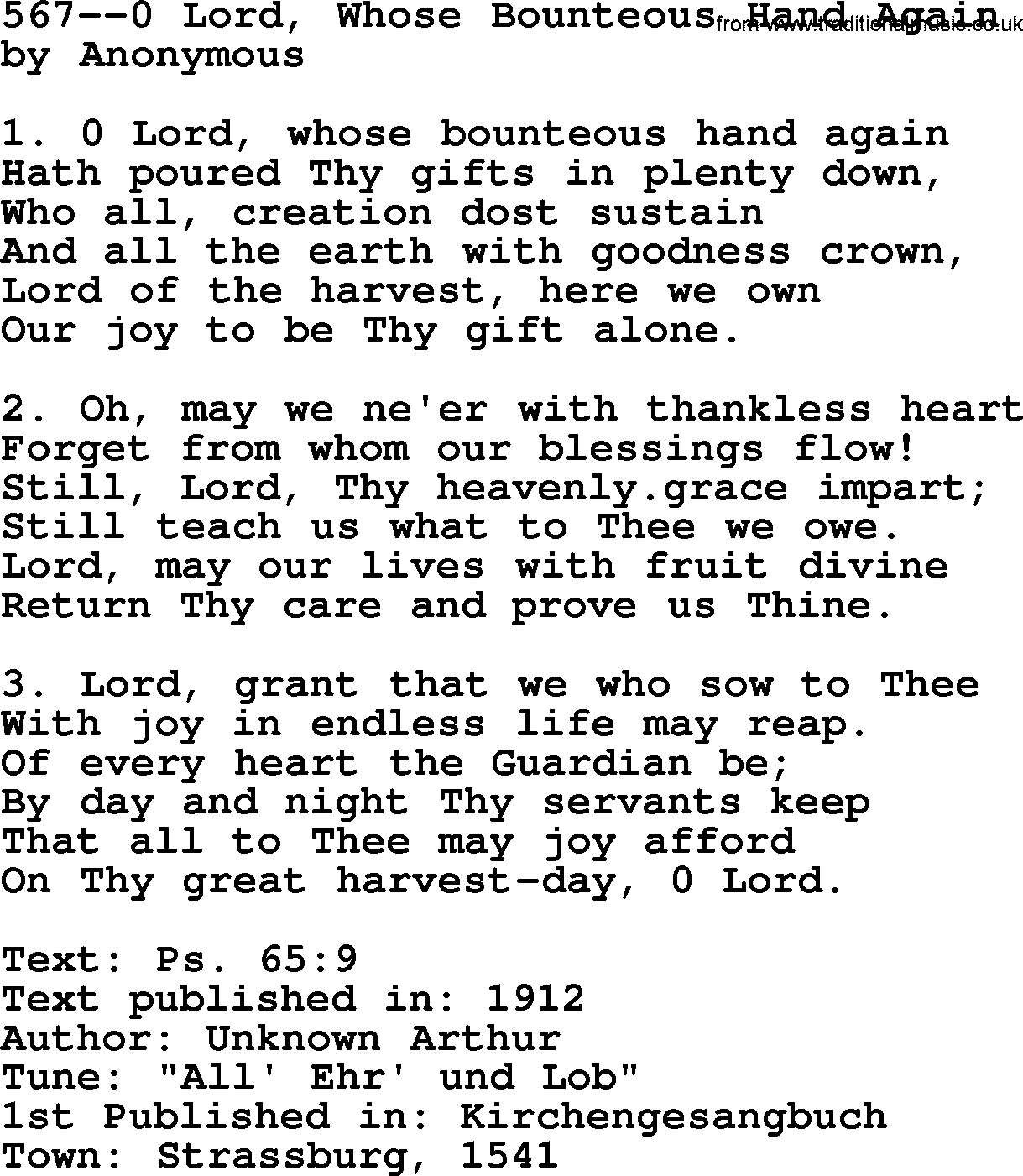 Lutheran Hymn: 567--0 Lord, Whose Bounteous Hand Again.txt lyrics with PDF