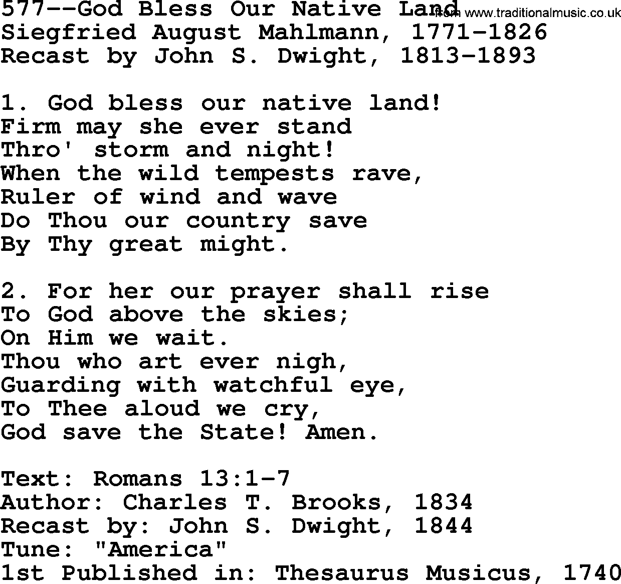 Lutheran Hymn: 577--God Bless Our Native Land.txt lyrics with PDF