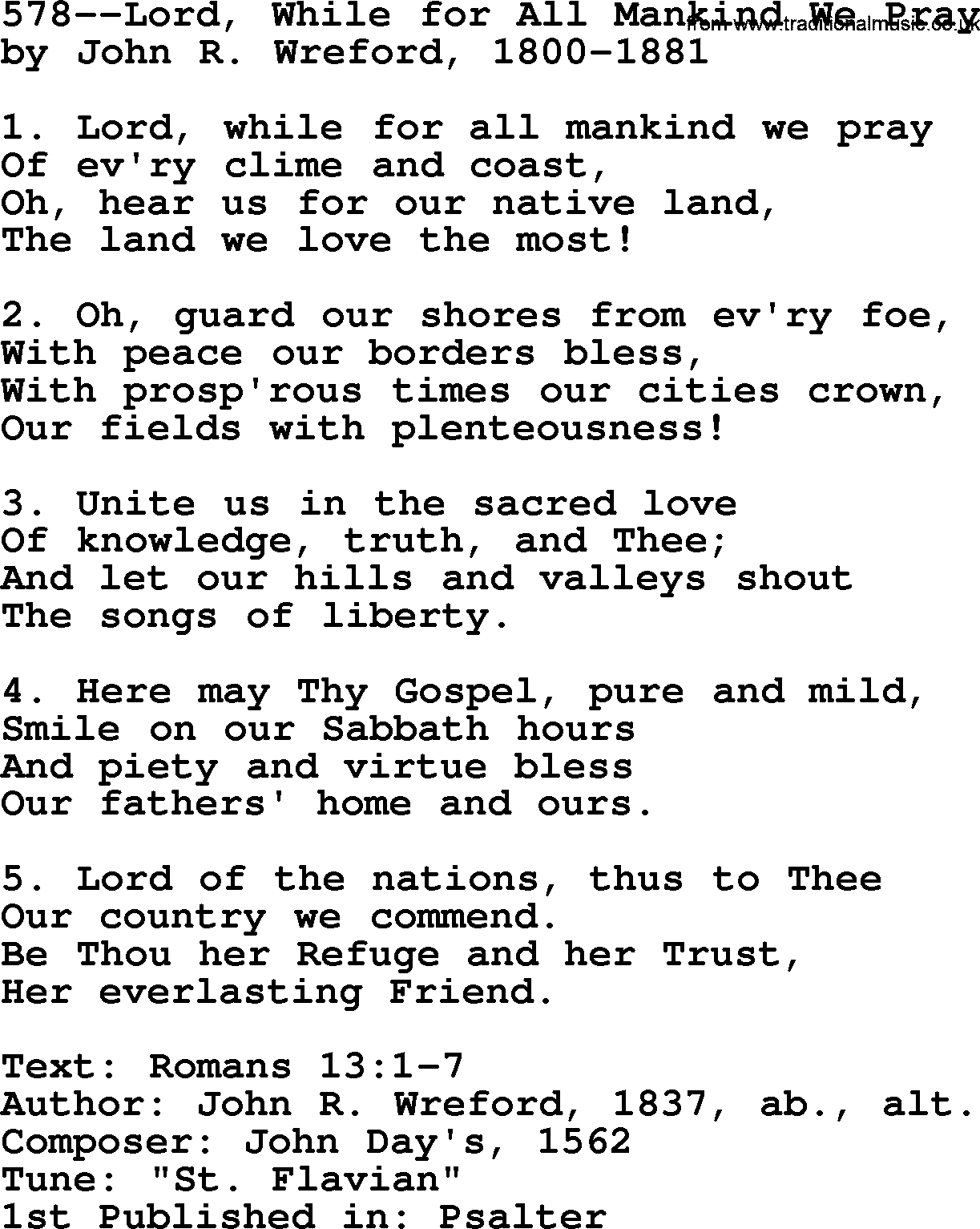 Lutheran Hymn: 578--Lord, While for All Mankind We Pray.txt lyrics with PDF