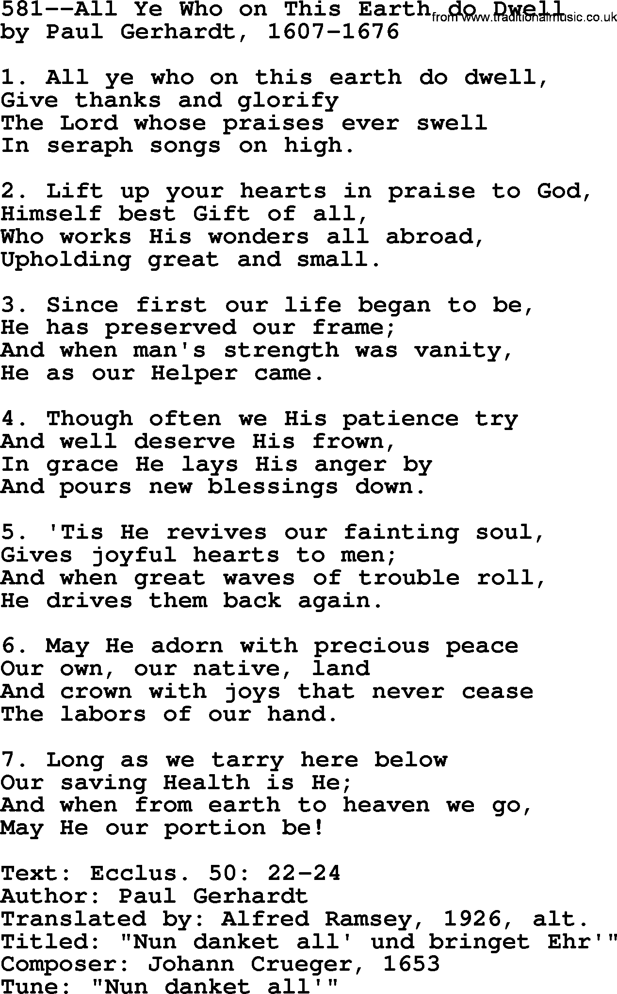 Lutheran Hymn: 581--All Ye Who on This Earth do Dwell.txt lyrics with PDF