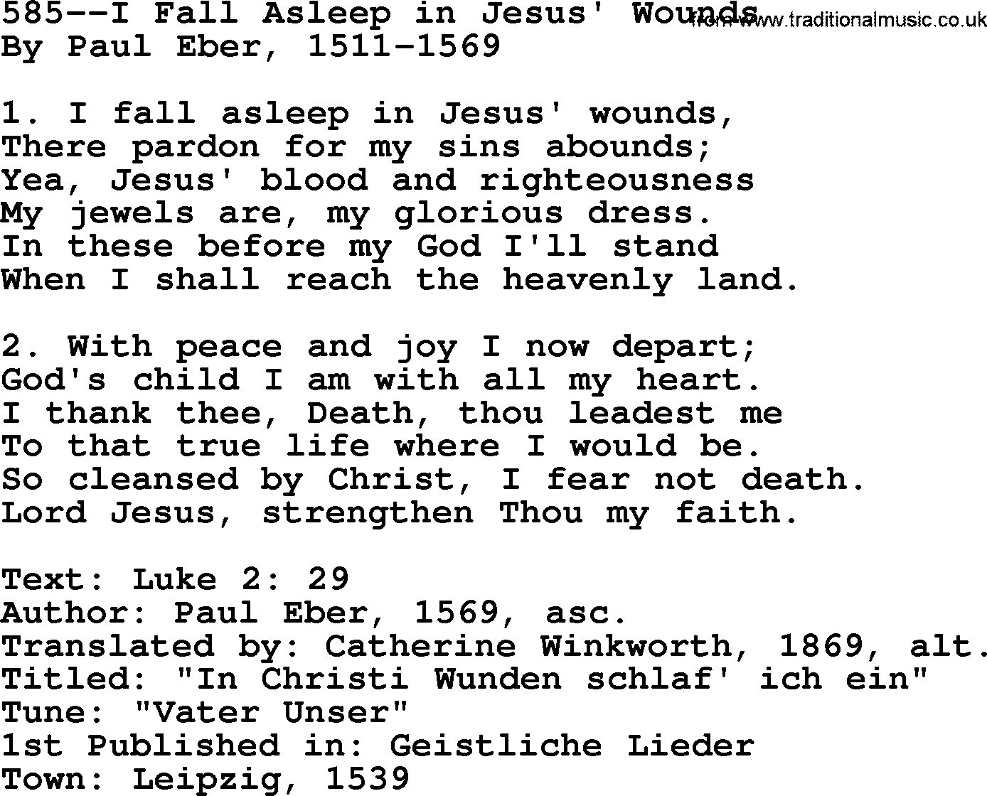 Lutheran Hymn: 585--I Fall Asleep in Jesus' Wounds.txt lyrics with PDF