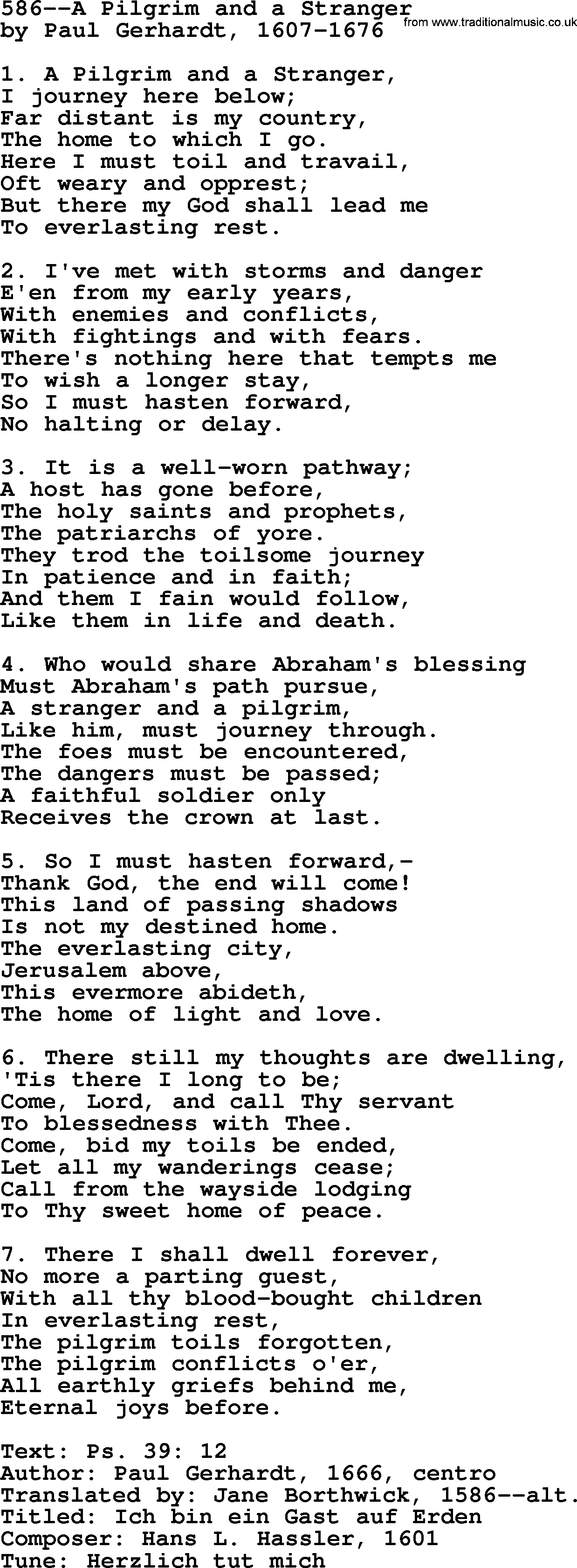 Lutheran Hymn: 586--A Pilgrim and a Stranger.txt lyrics with PDF