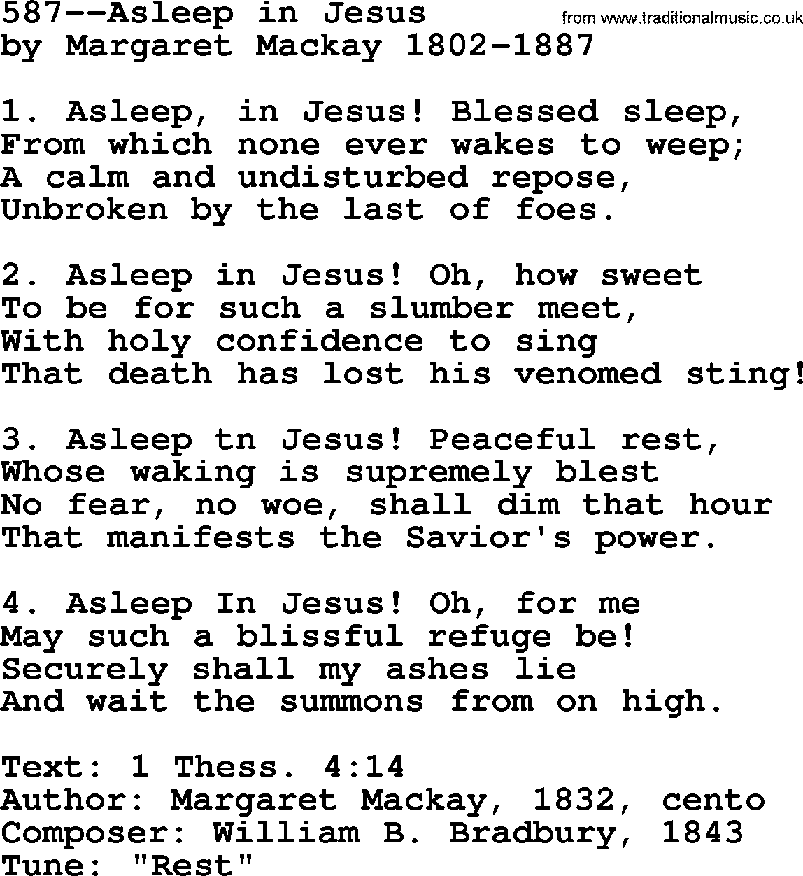 Lutheran Hymn: 587--Asleep in Jesus.txt lyrics with PDF