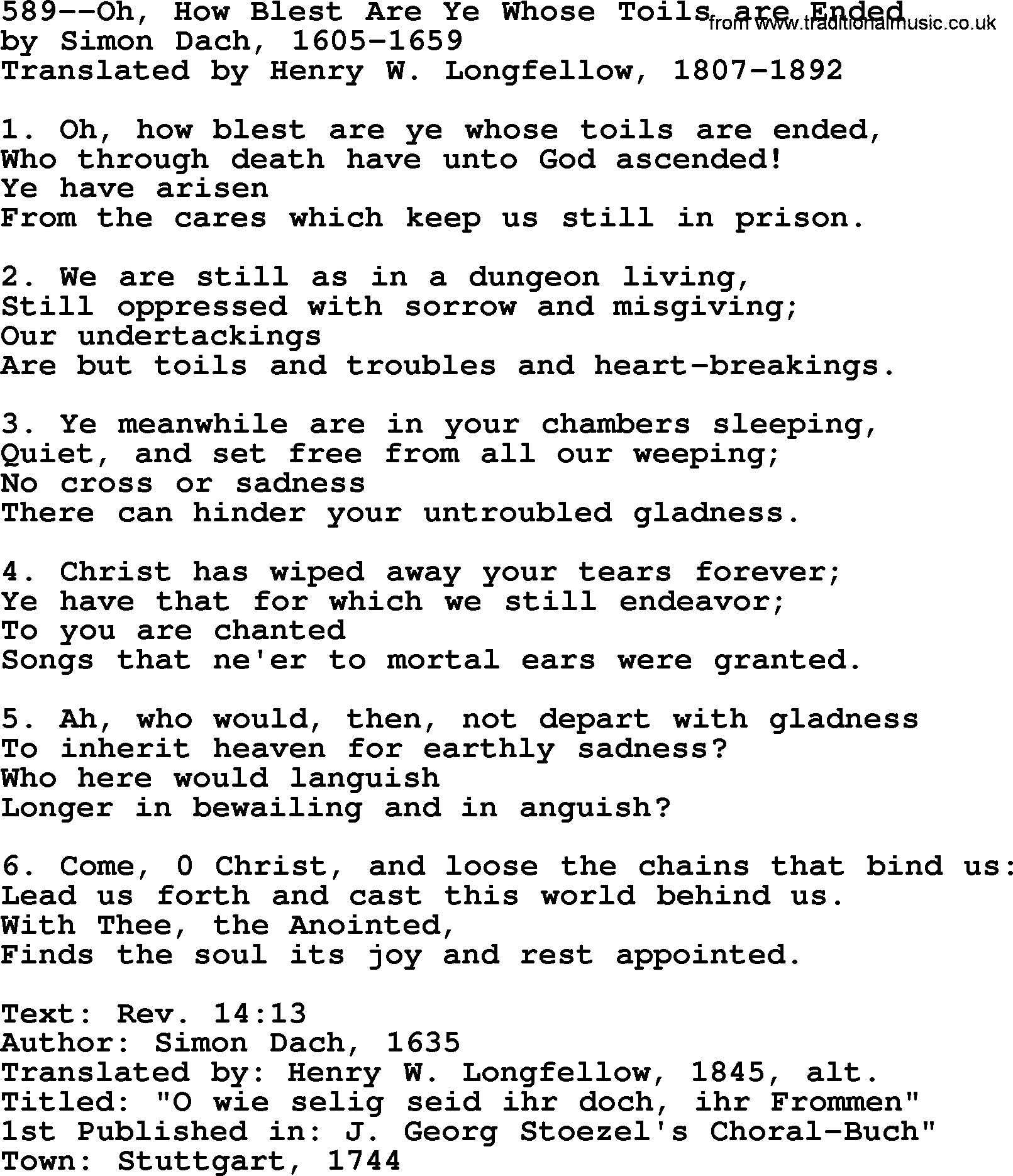 Lutheran Hymn: 589--Oh, How Blest Are Ye Whose Toils are Ended.txt lyrics with PDF