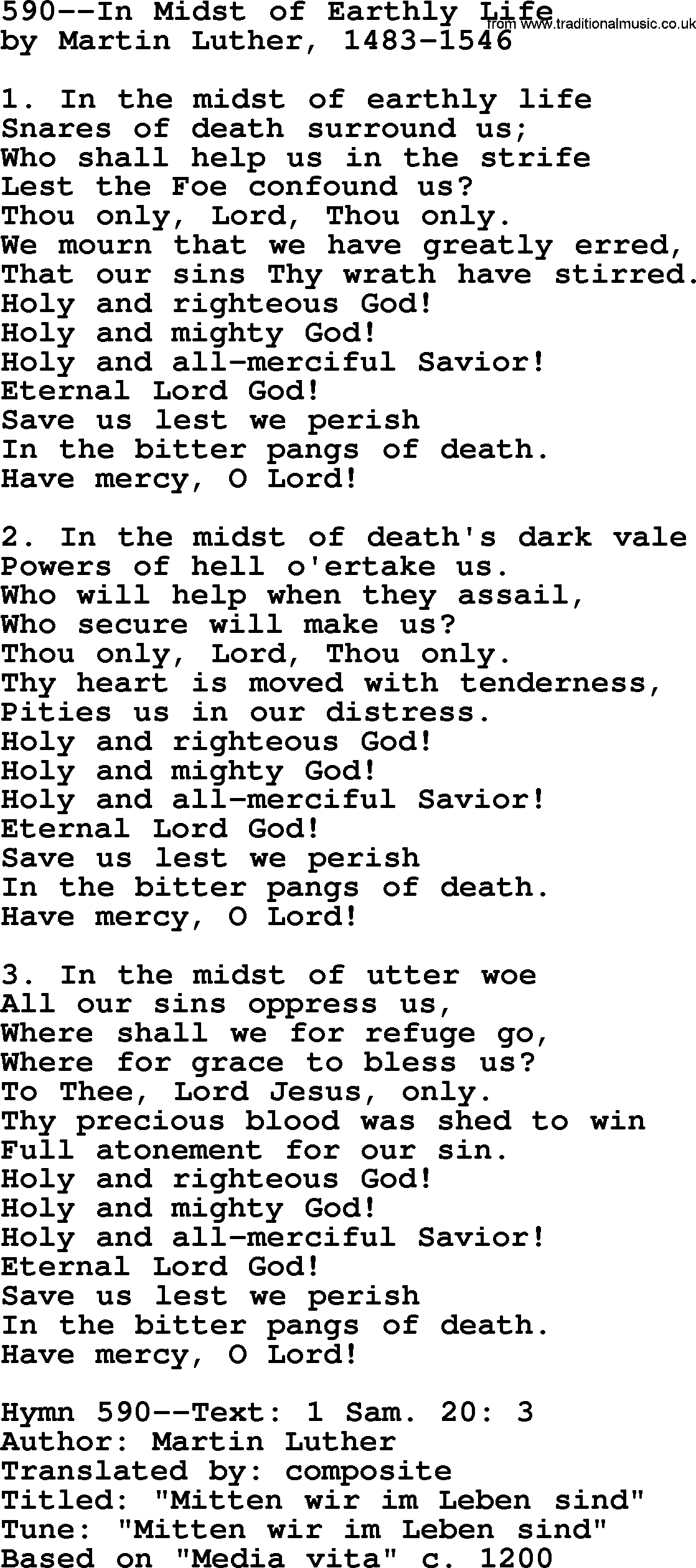 Lutheran Hymn: 590--In Midst of Earthly Life.txt lyrics with PDF