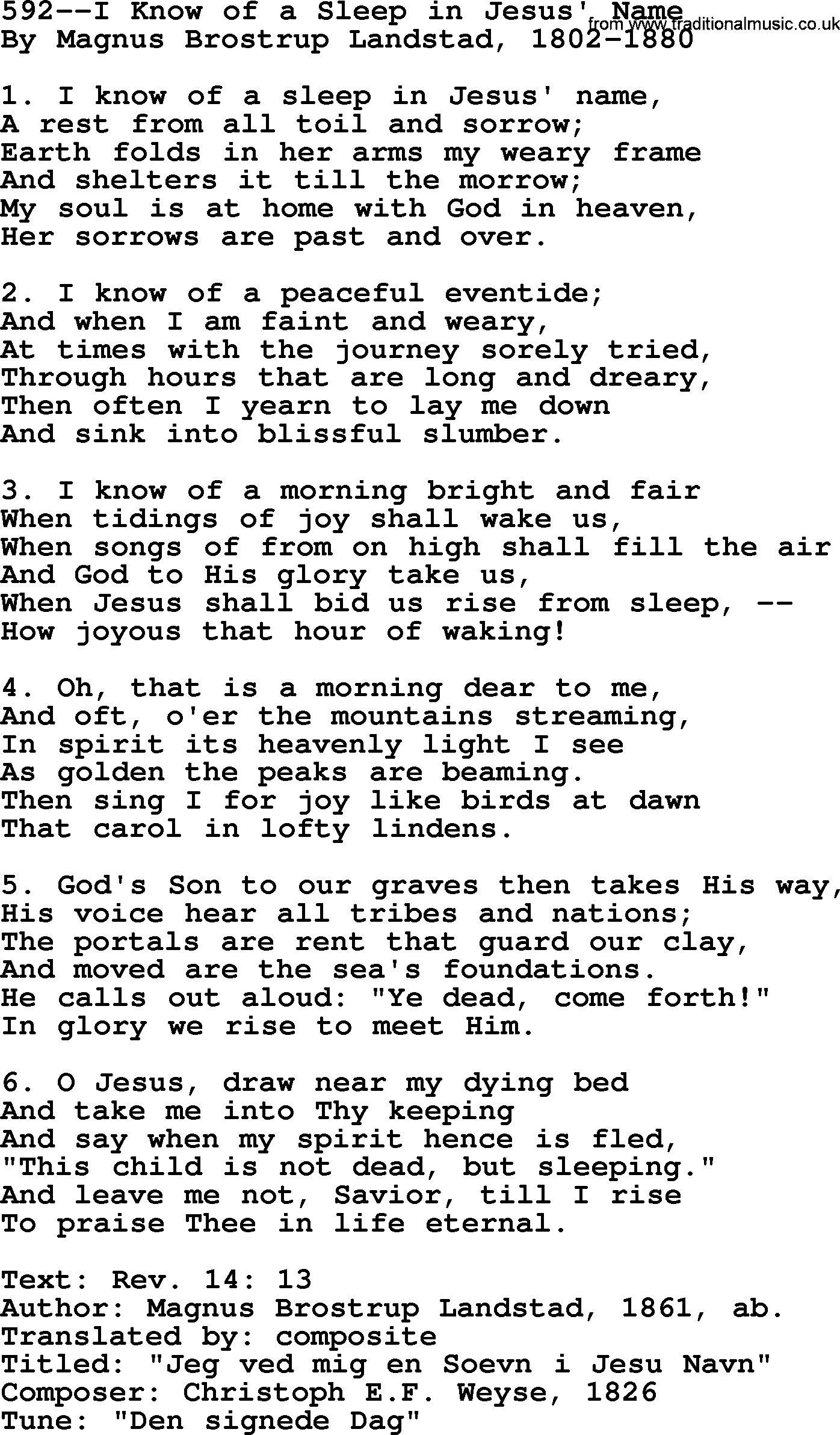 Lutheran Hymn: 592--I Know of a Sleep in Jesus' Name.txt lyrics with PDF