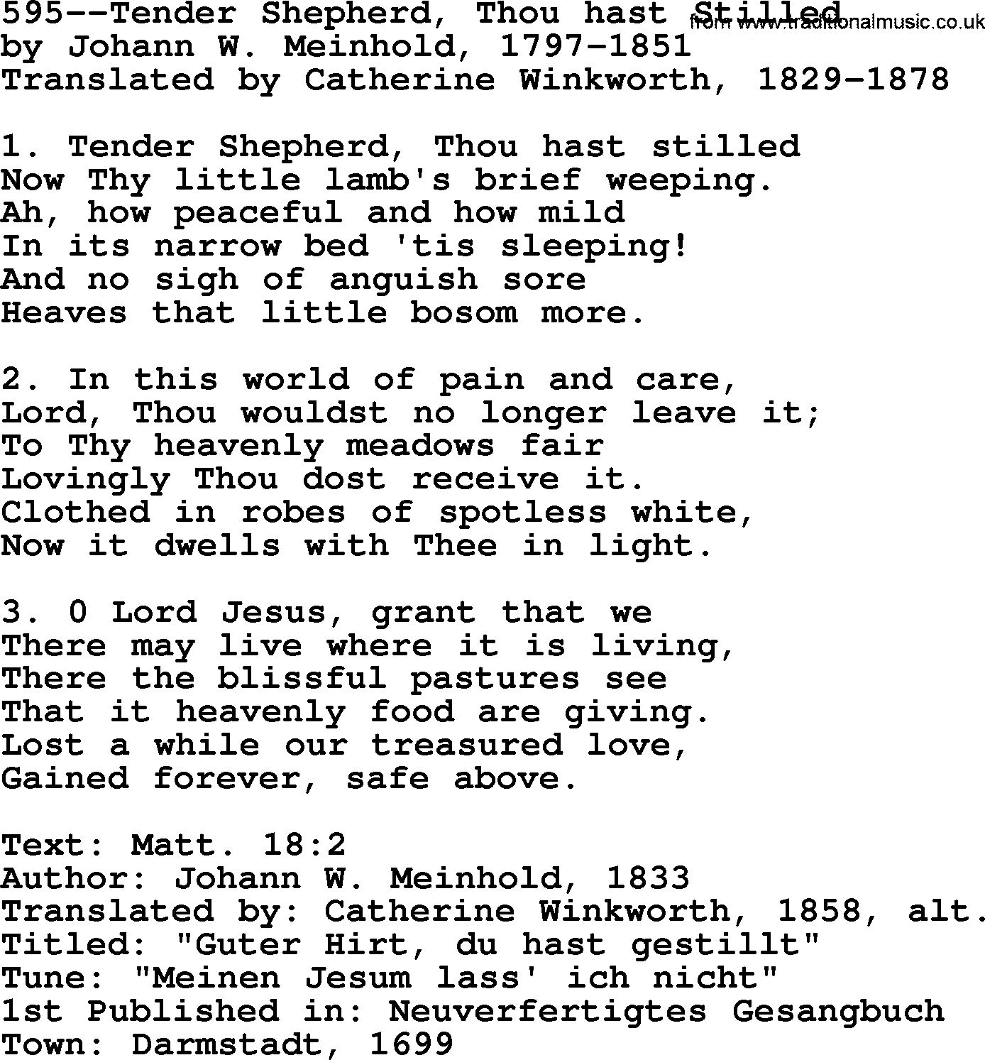Lutheran Hymn: 595--Tender Shepherd, Thou hast Stilled.txt lyrics with PDF