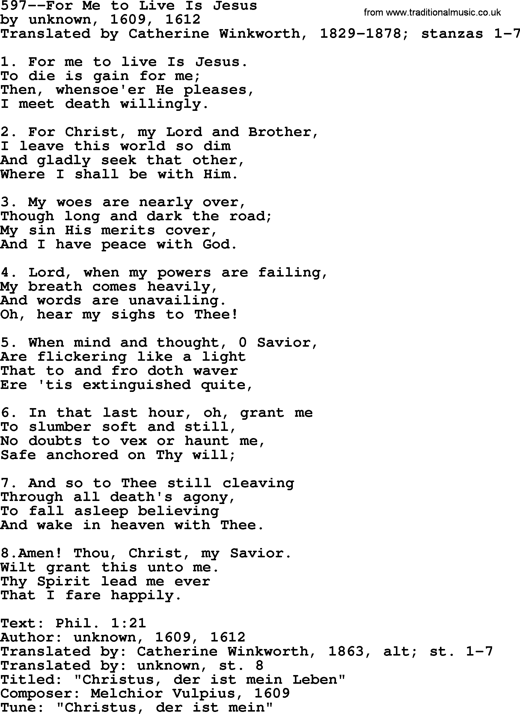 Lutheran Hymn: 597--For Me to Live Is Jesus.txt lyrics with PDF