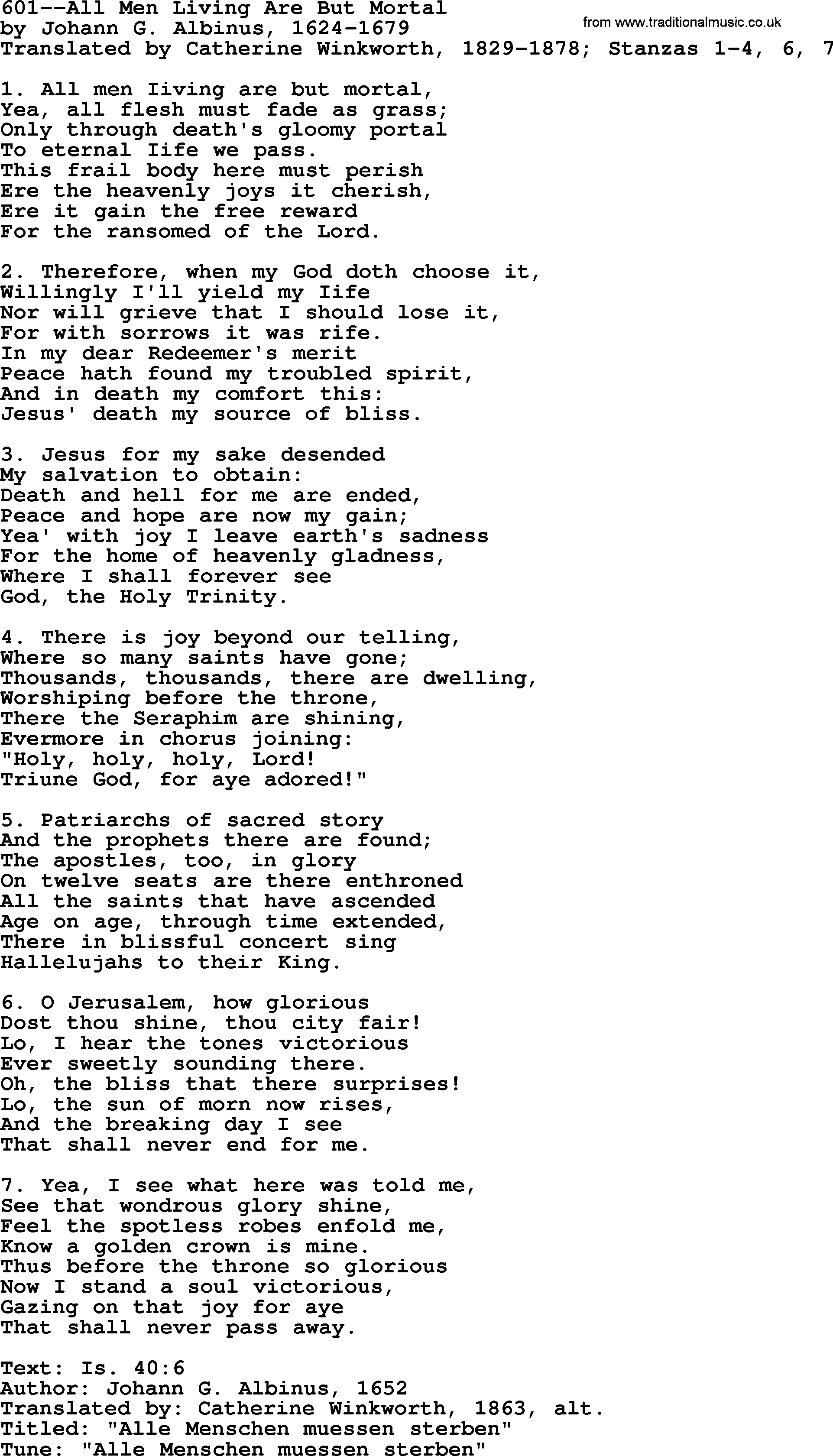 Lutheran Hymn: 601--All Men Living Are But Mortal.txt lyrics with PDF