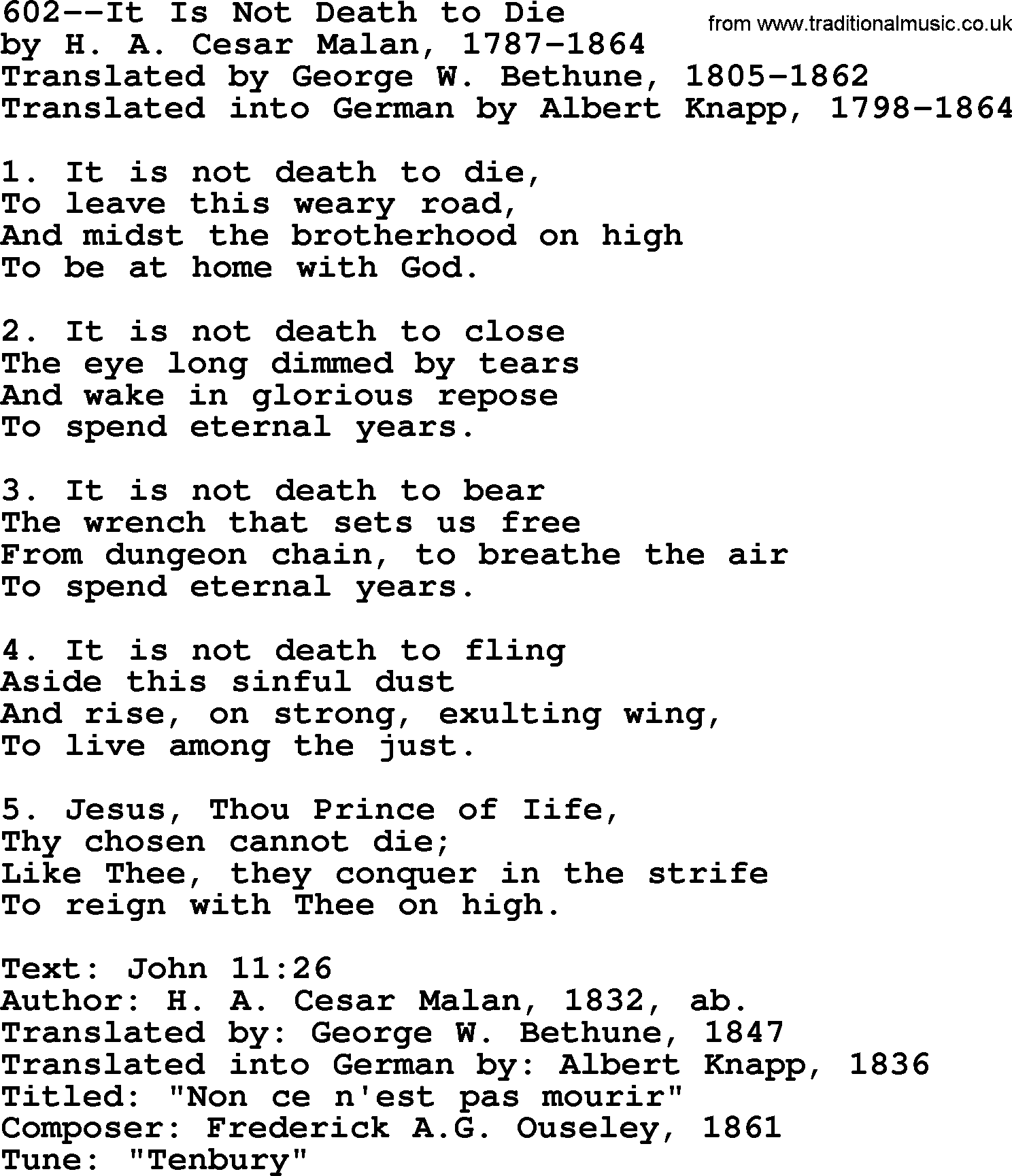 Lutheran Hymn: 602--It Is Not Death to Die.txt lyrics with PDF