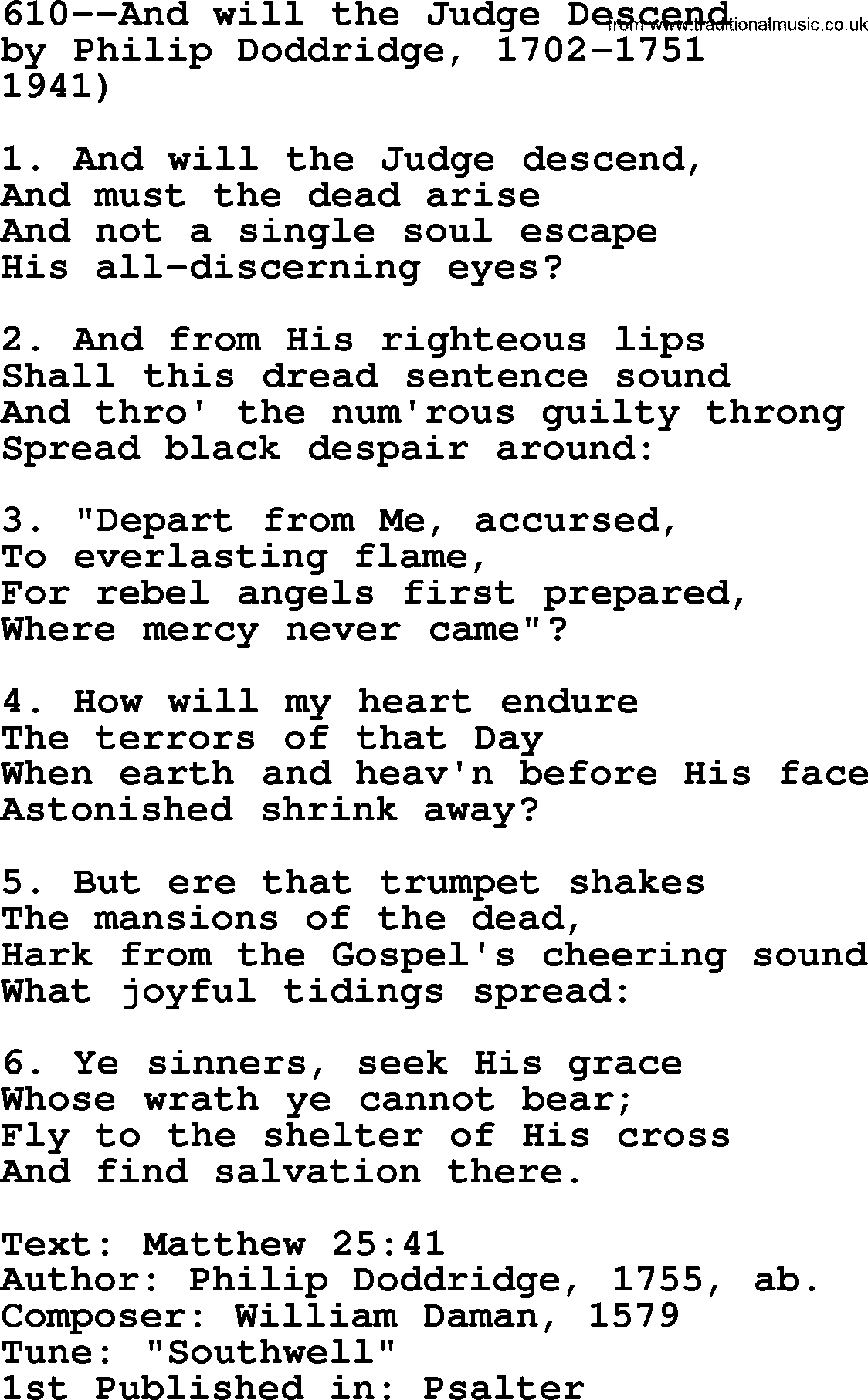 Lutheran Hymn: 610--And will the Judge Descend.txt lyrics with PDF