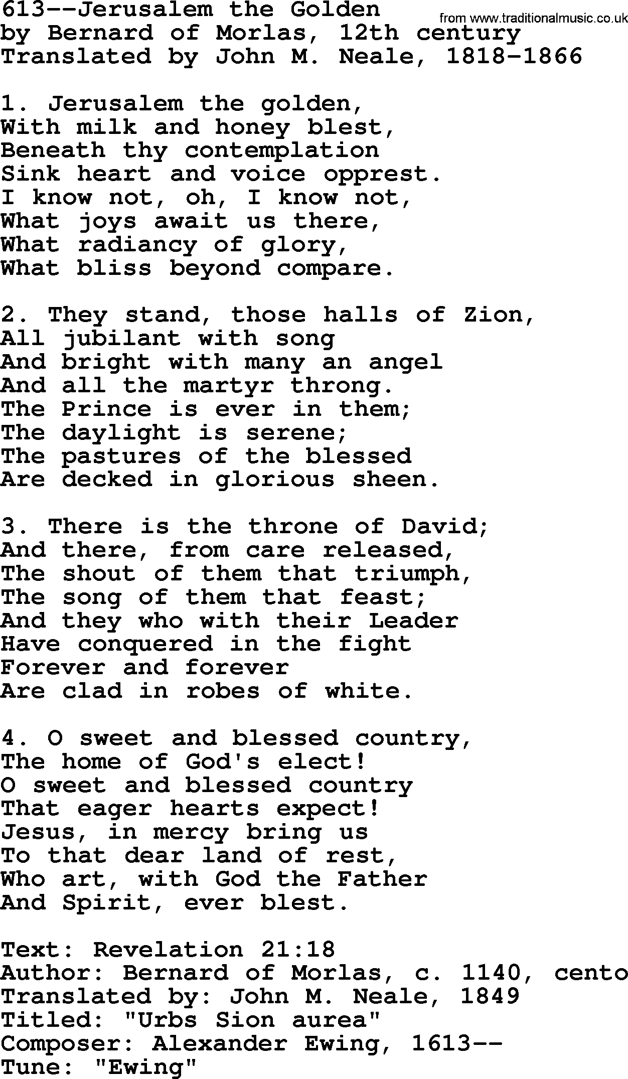 Lutheran Hymn: 613--Jerusalem the Golden.txt lyrics with PDF