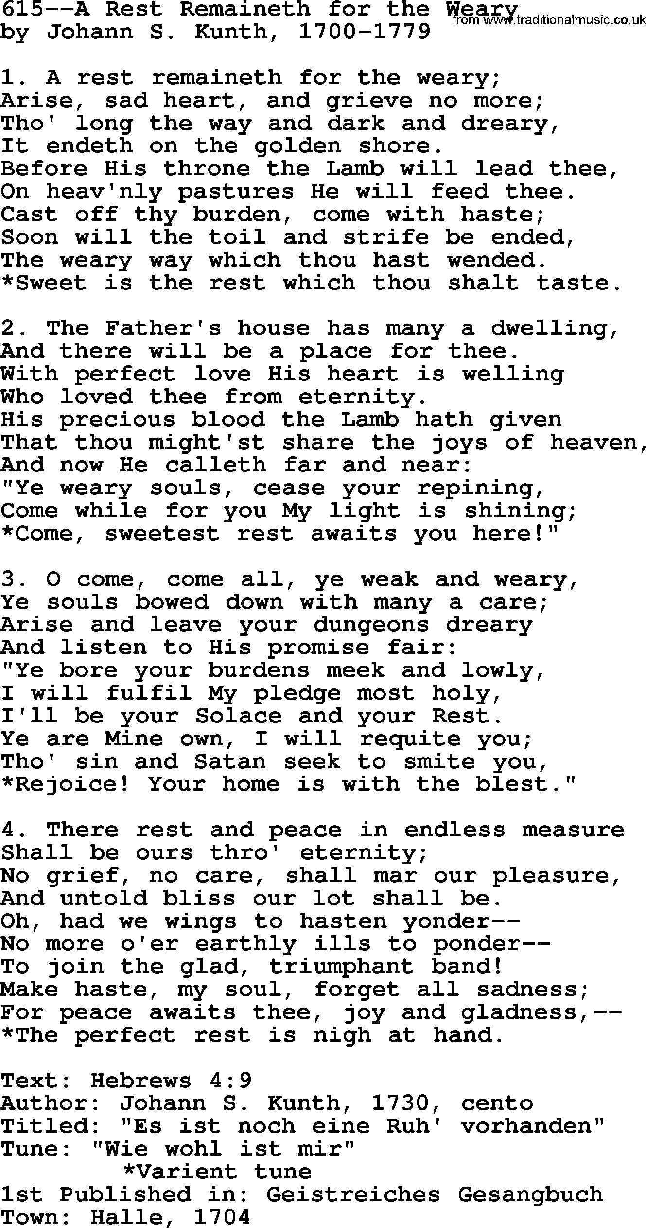 Lutheran Hymn: 615--A Rest Remaineth for the Weary.txt lyrics with PDF