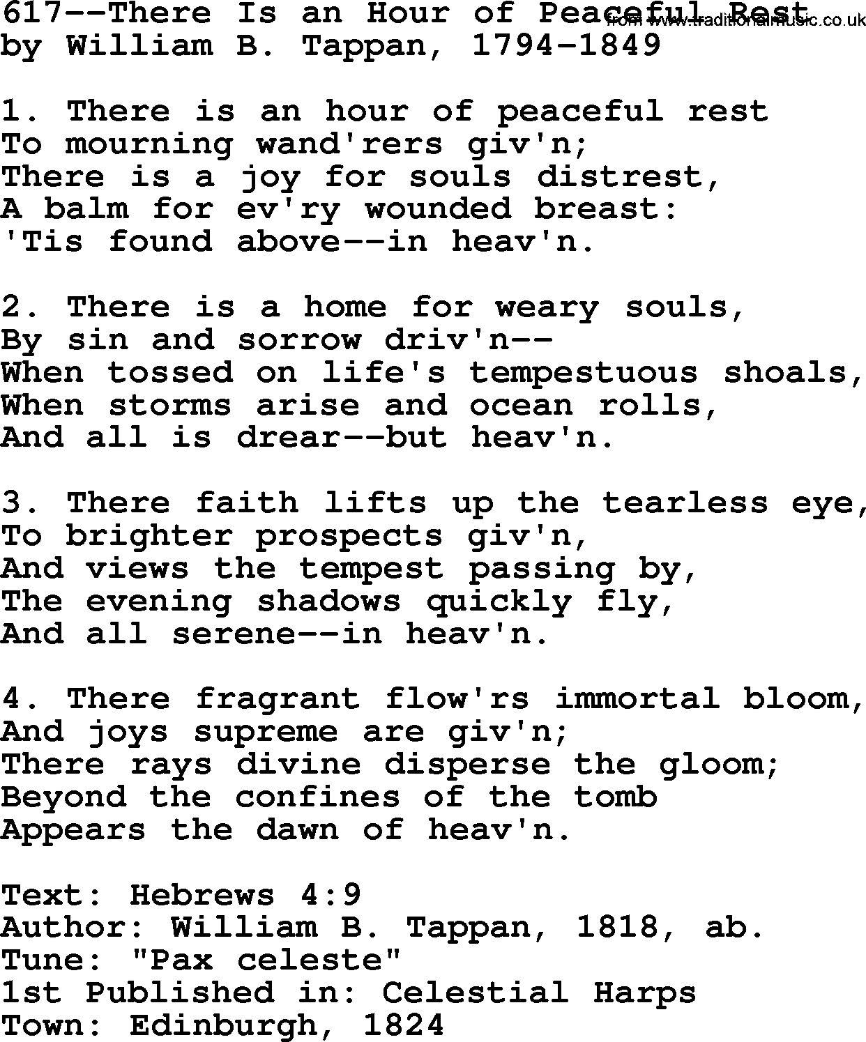 Lutheran Hymn: 617--There Is an Hour of Peaceful Rest.txt lyrics with PDF