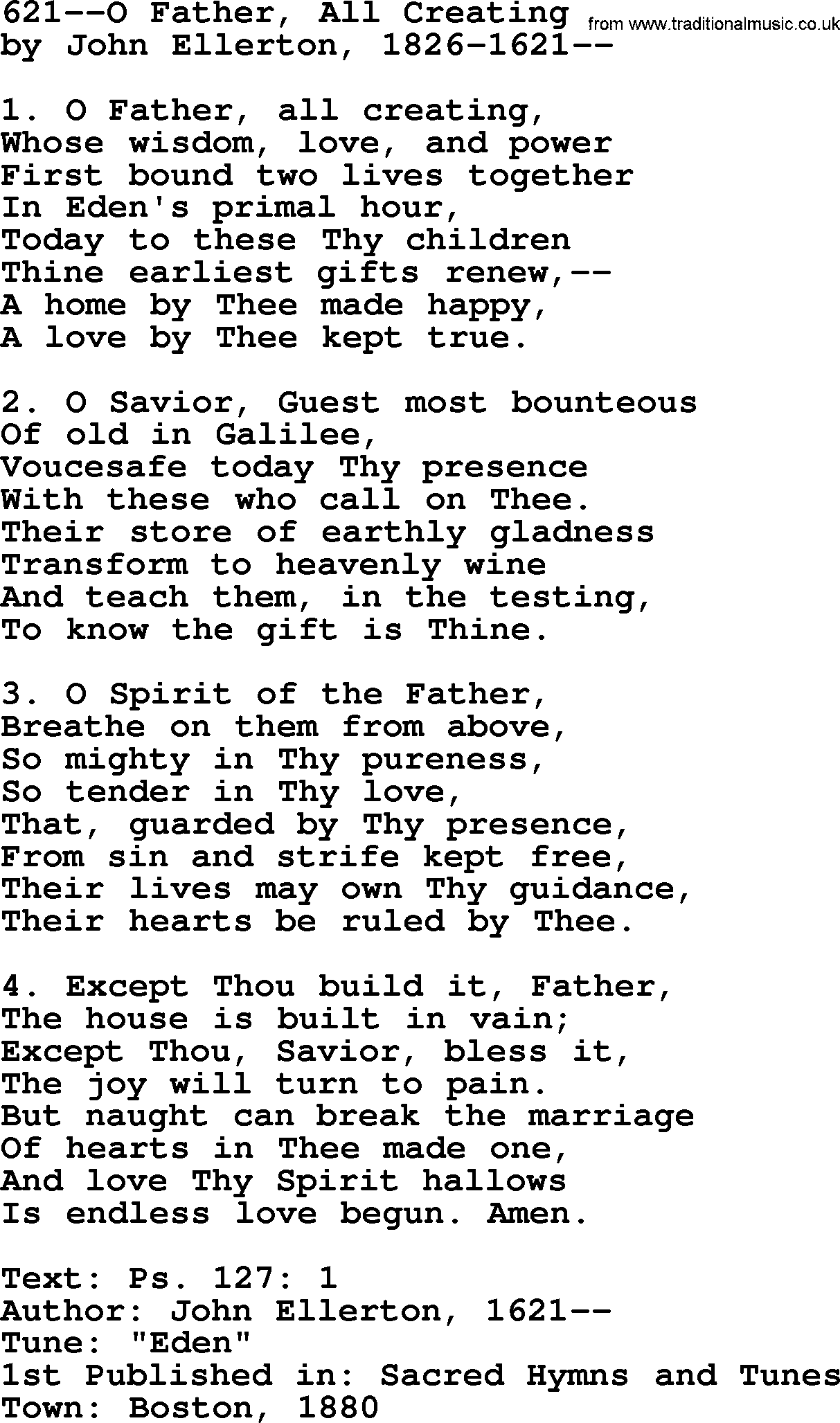 Lutheran Hymn: 621--O Father, All Creating.txt lyrics with PDF