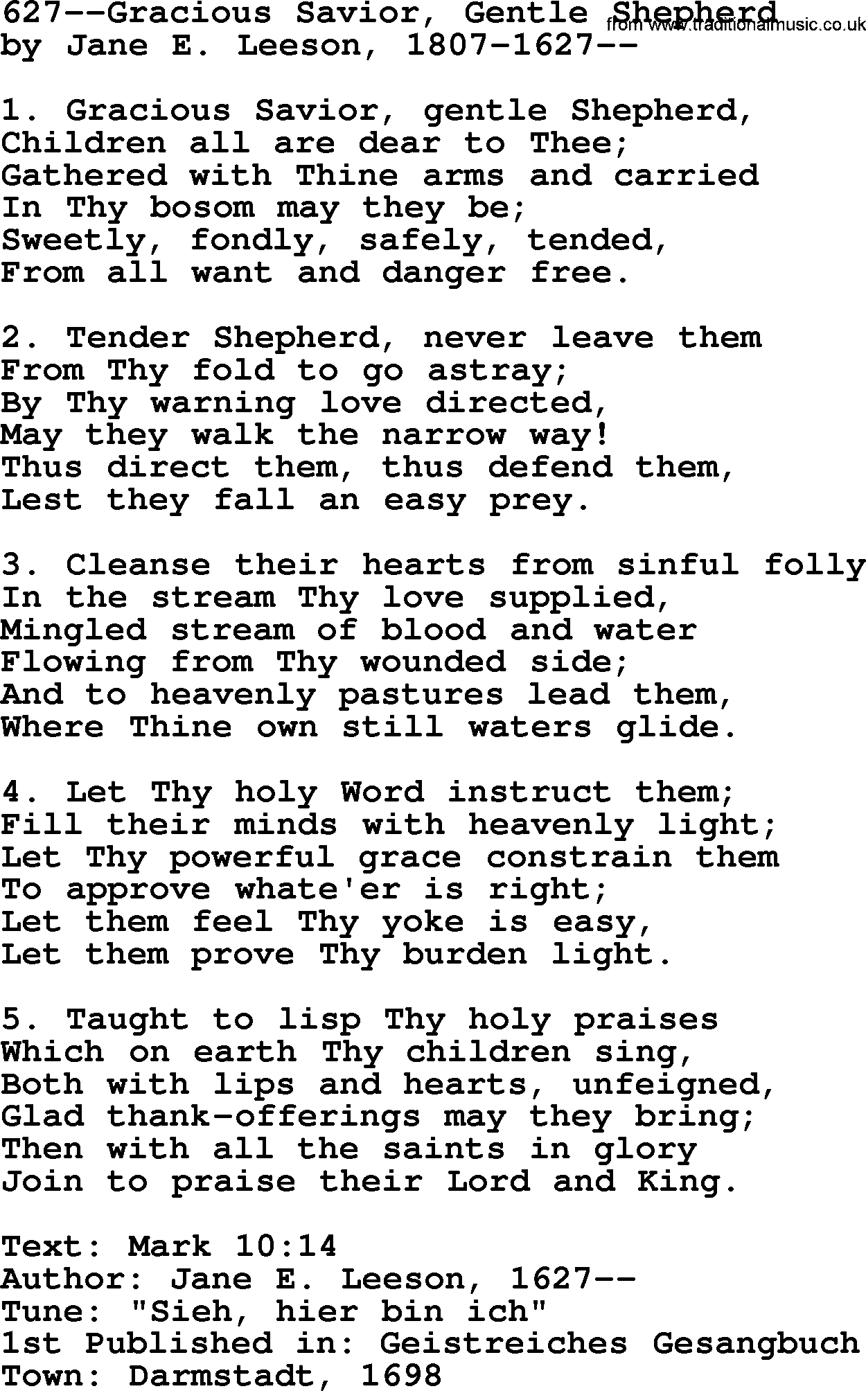 Lutheran Hymn: 627--Gracious Savior, Gentle Shepherd.txt lyrics with PDF