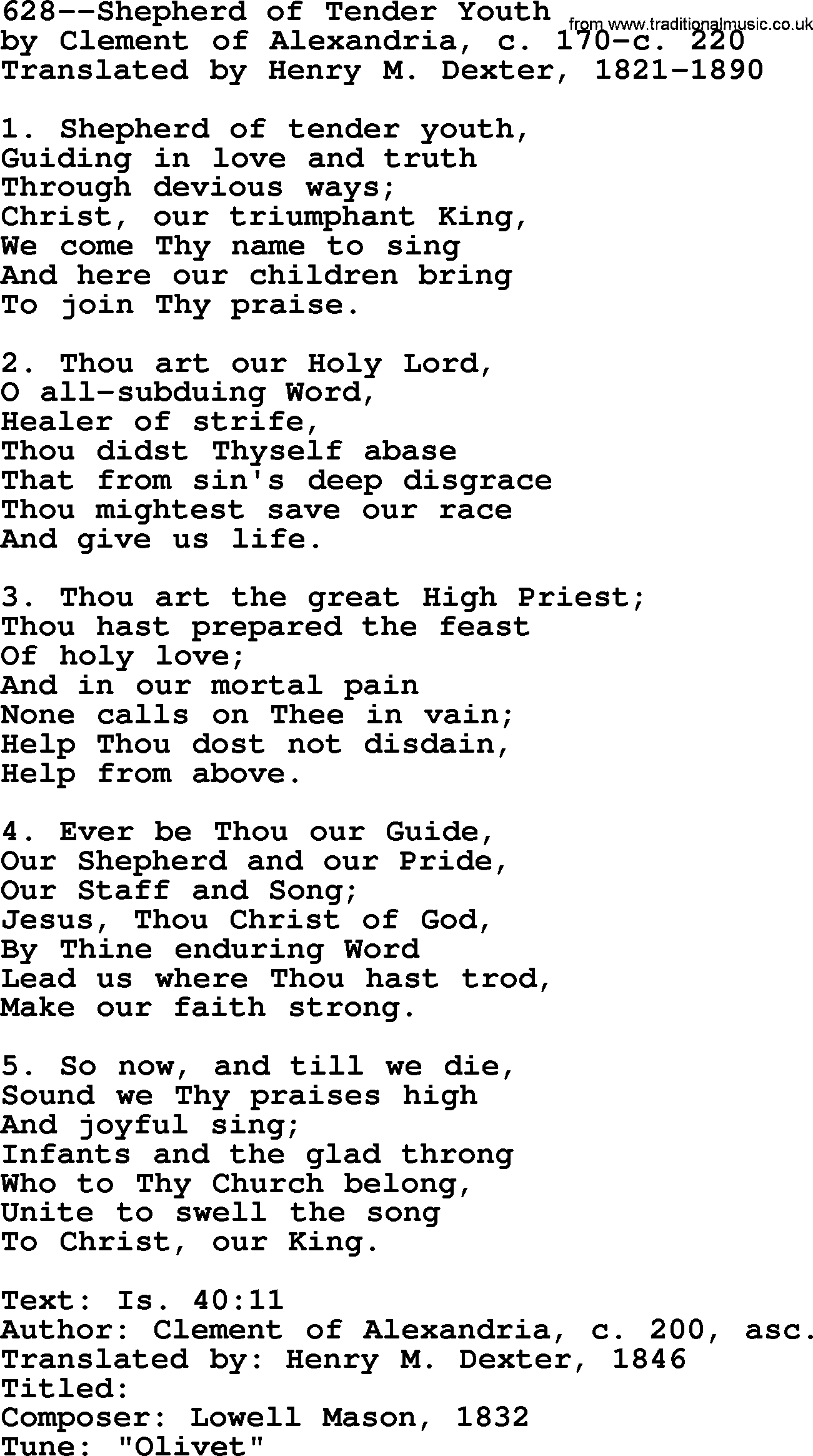 Lutheran Hymn: 628--Shepherd of Tender Youth.txt lyrics with PDF