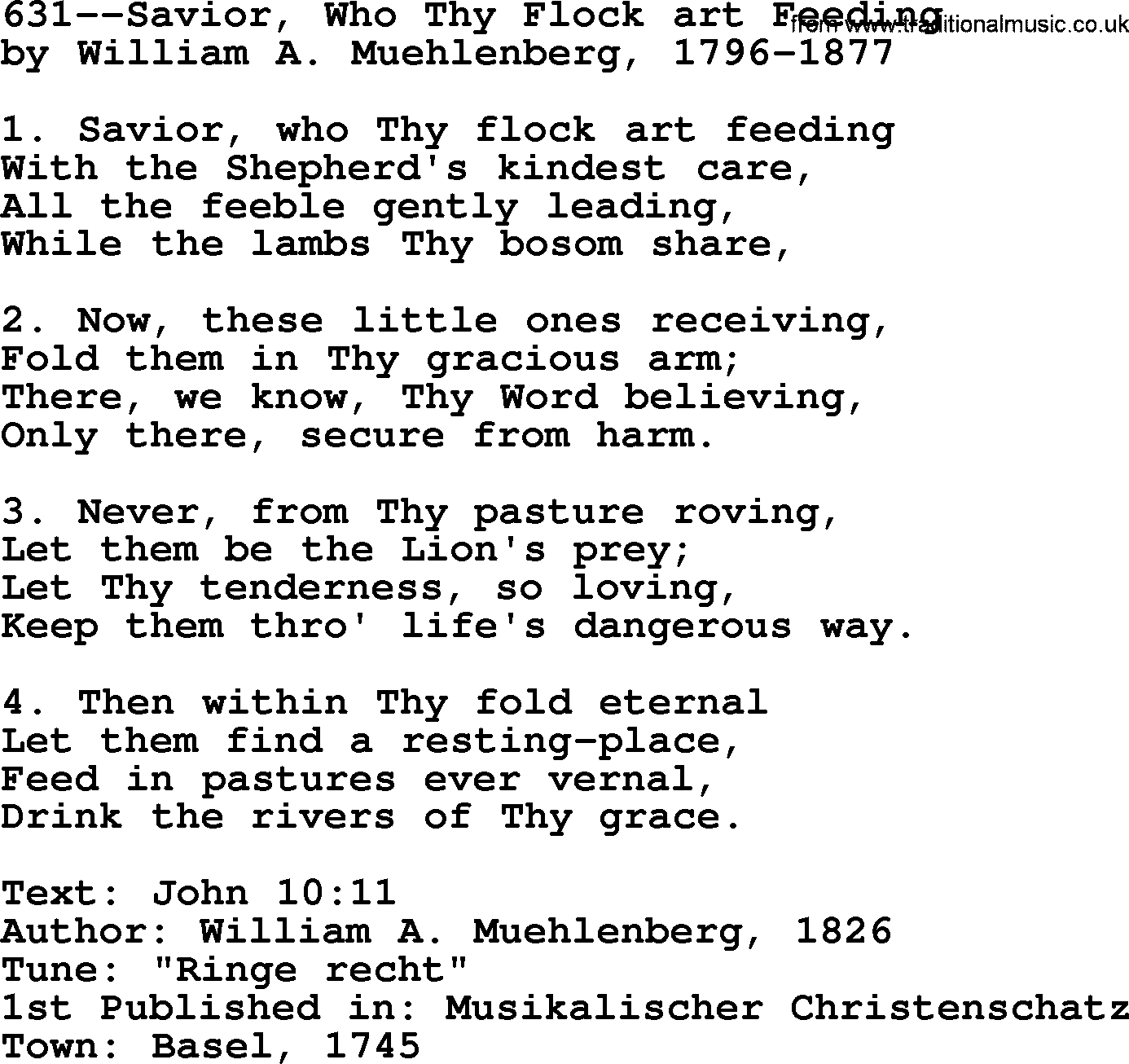 Lutheran Hymn: 631--Savior, Who Thy Flock art Feeding.txt lyrics with PDF