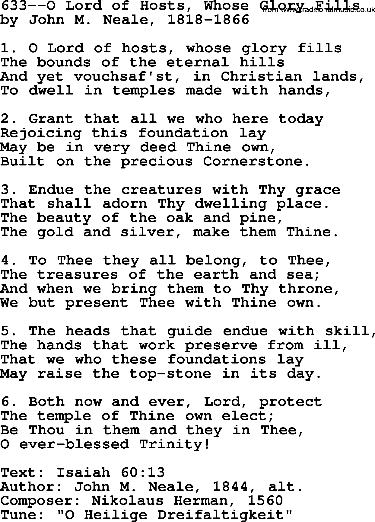 Lutheran Hymn: 633--O Lord of Hosts, Whose Glory Fills.txt lyrics with PDF