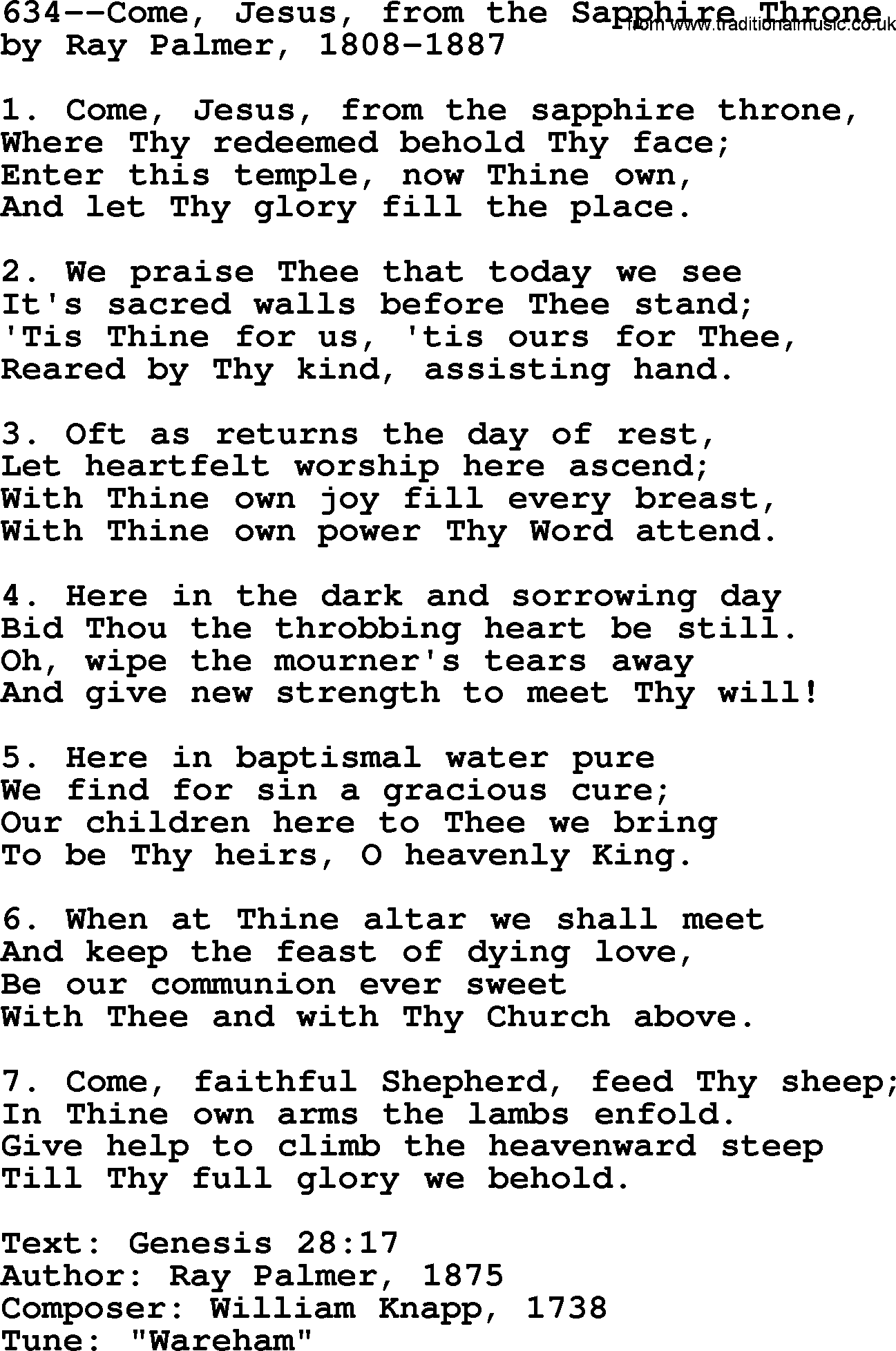 Lutheran Hymn: 634--Come, Jesus, from the Sapphire Throne.txt lyrics with PDF