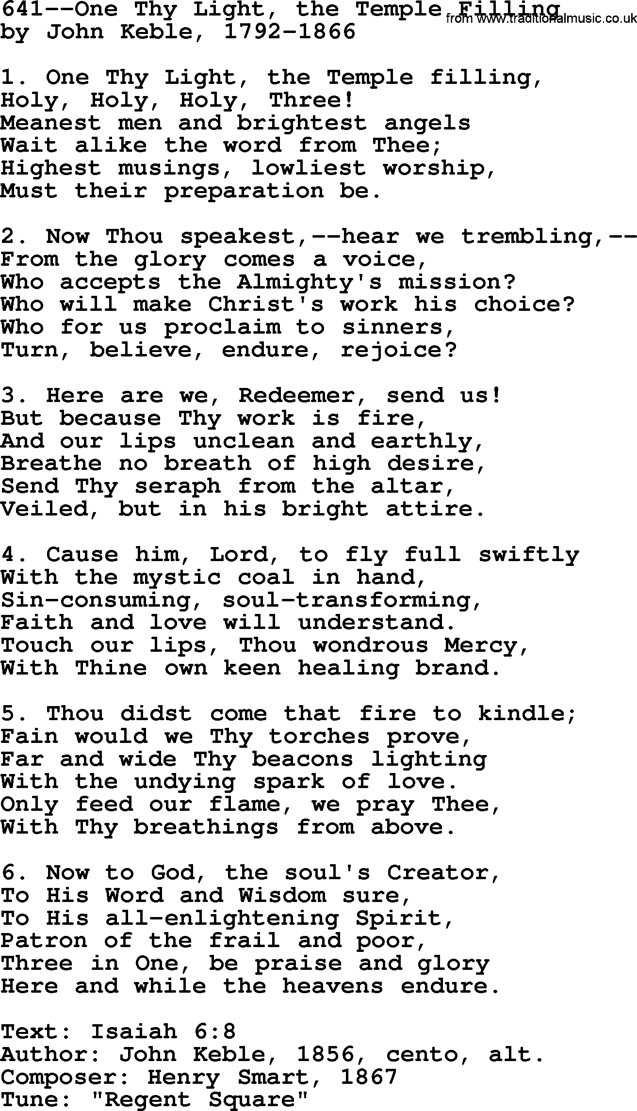 Lutheran Hymn: 641--One Thy Light, the Temple Filling.txt lyrics with PDF