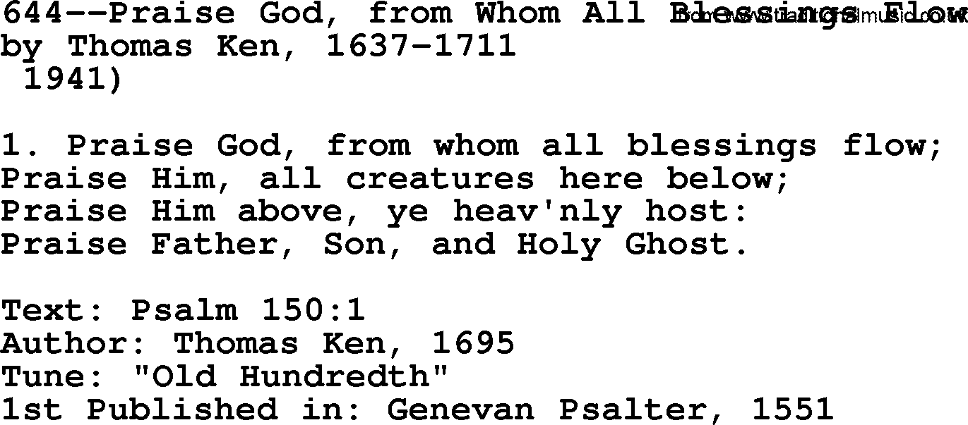 Lutheran Hymn: 644--Praise God, from Whom All Blessings Flow.txt lyrics with PDF