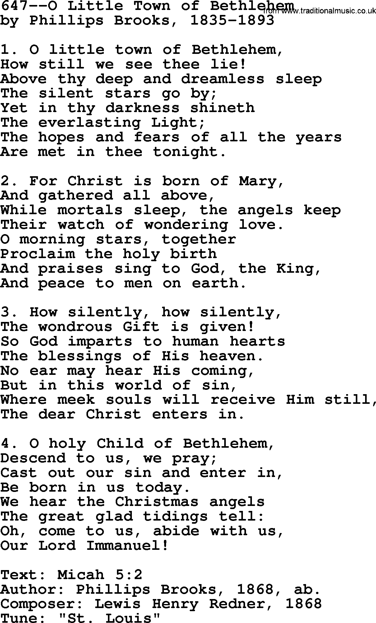 Lutheran Hymn: 647--O Little Town of Bethlehem.txt lyrics with PDF