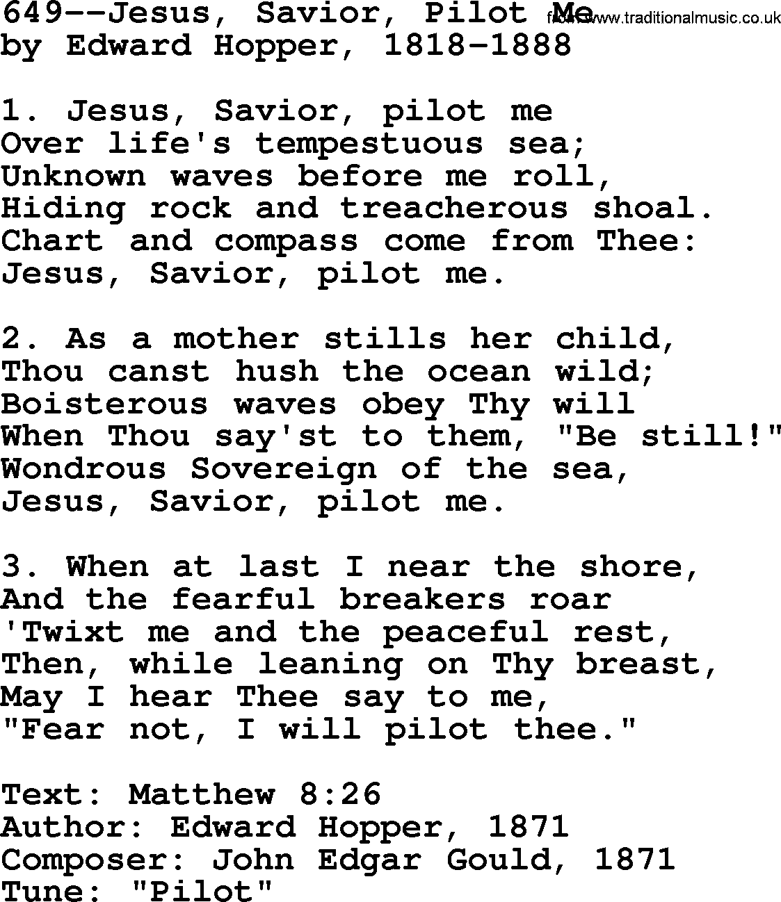 Lutheran Hymn: 649--Jesus, Savior, Pilot Me.txt lyrics with PDF