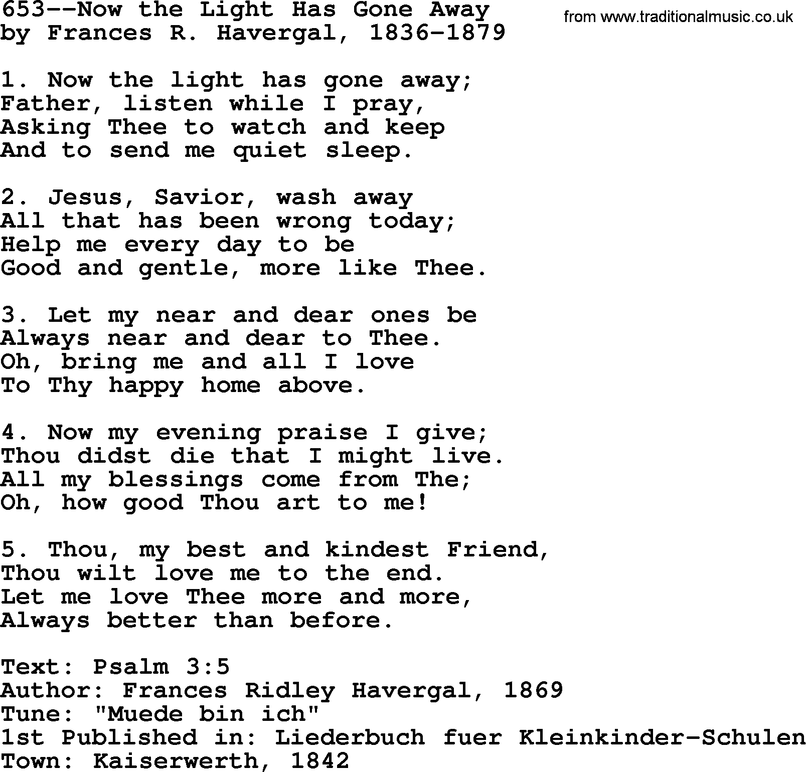 Lutheran Hymn: 653--Now the Light Has Gone Away.txt lyrics with PDF