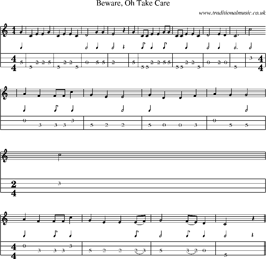 Mandolin Tab and Sheet Music for Beware, Oh Take Care