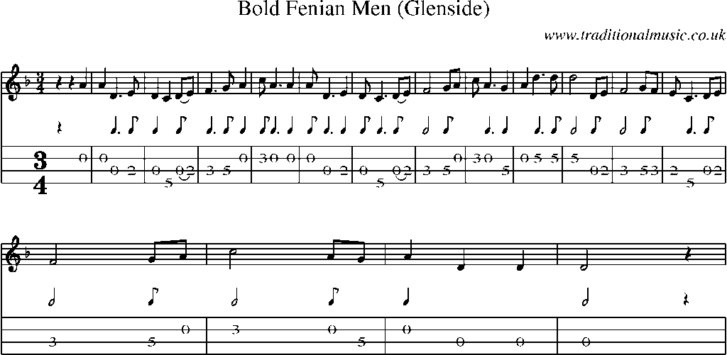 Mandolin Tab and Sheet Music for Bold Fenian Men (glenside)