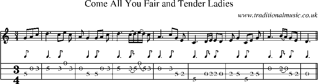 Mandolin Tab and Sheet Music for Come All You Fair And Tender Ladies
