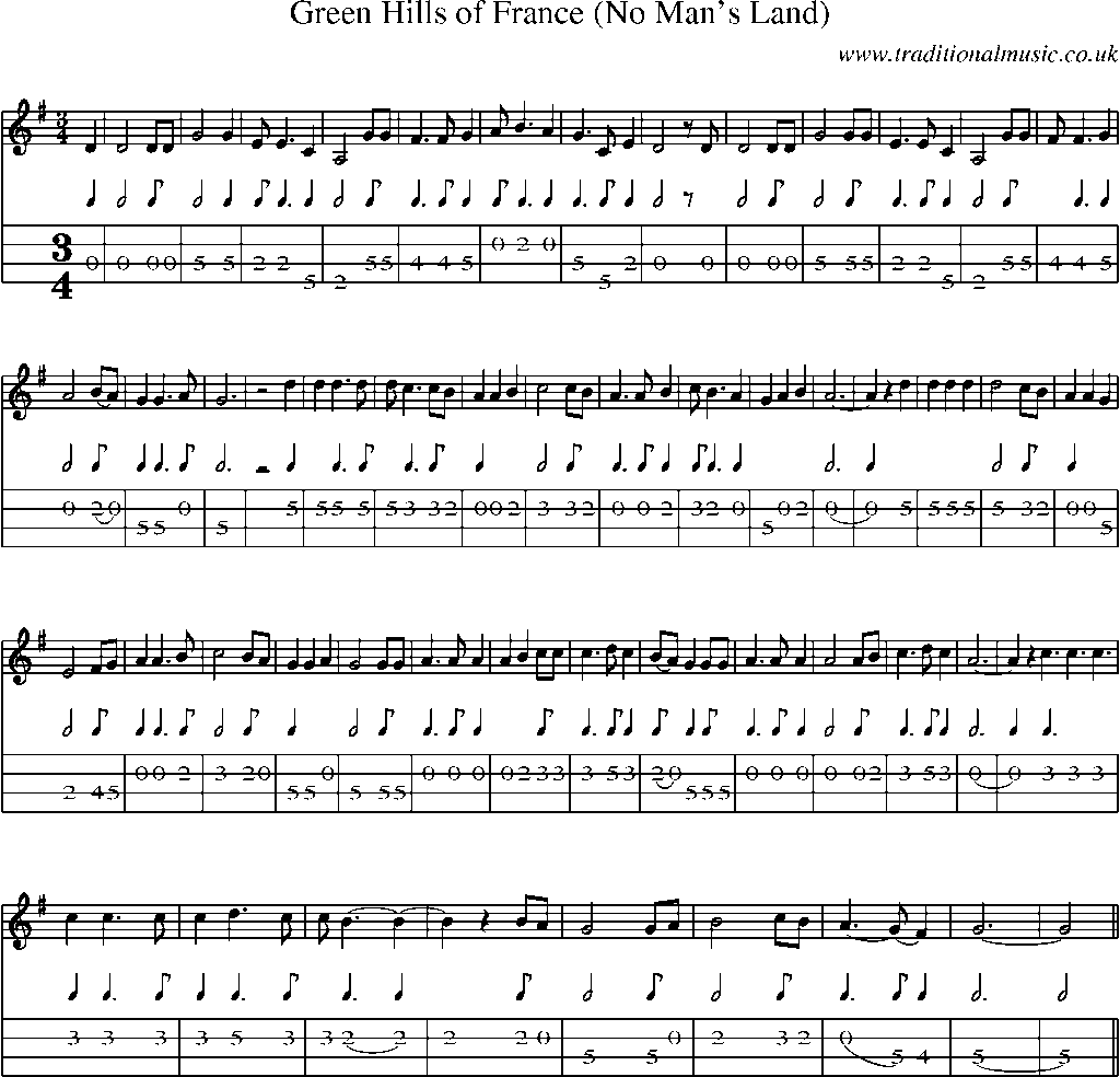 Mandolin Tab and Sheet Music for Green Hills Of France (no Man's Land)