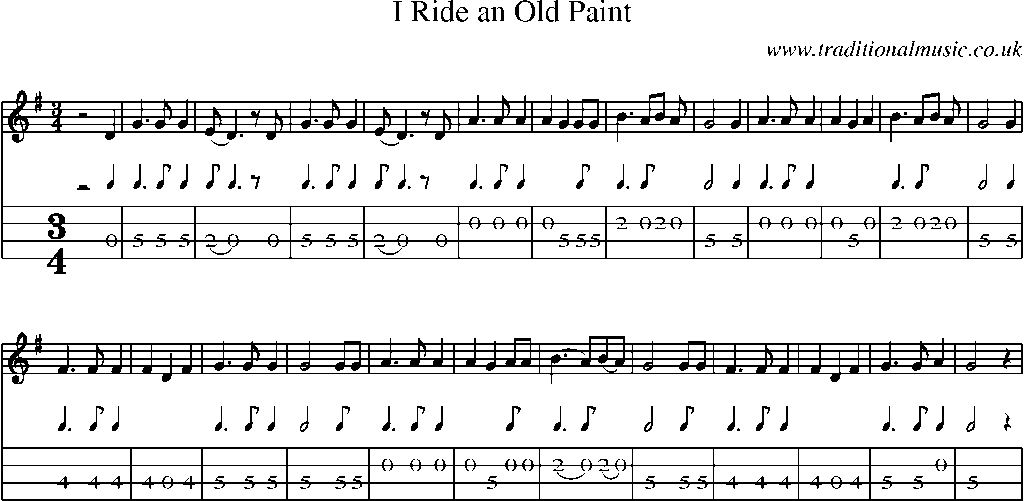 Mandolin Tab and Sheet Music for I Ride An Old Paint