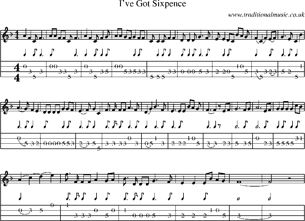 Mandolin Tab and Sheet Music for I've Got Sixpence