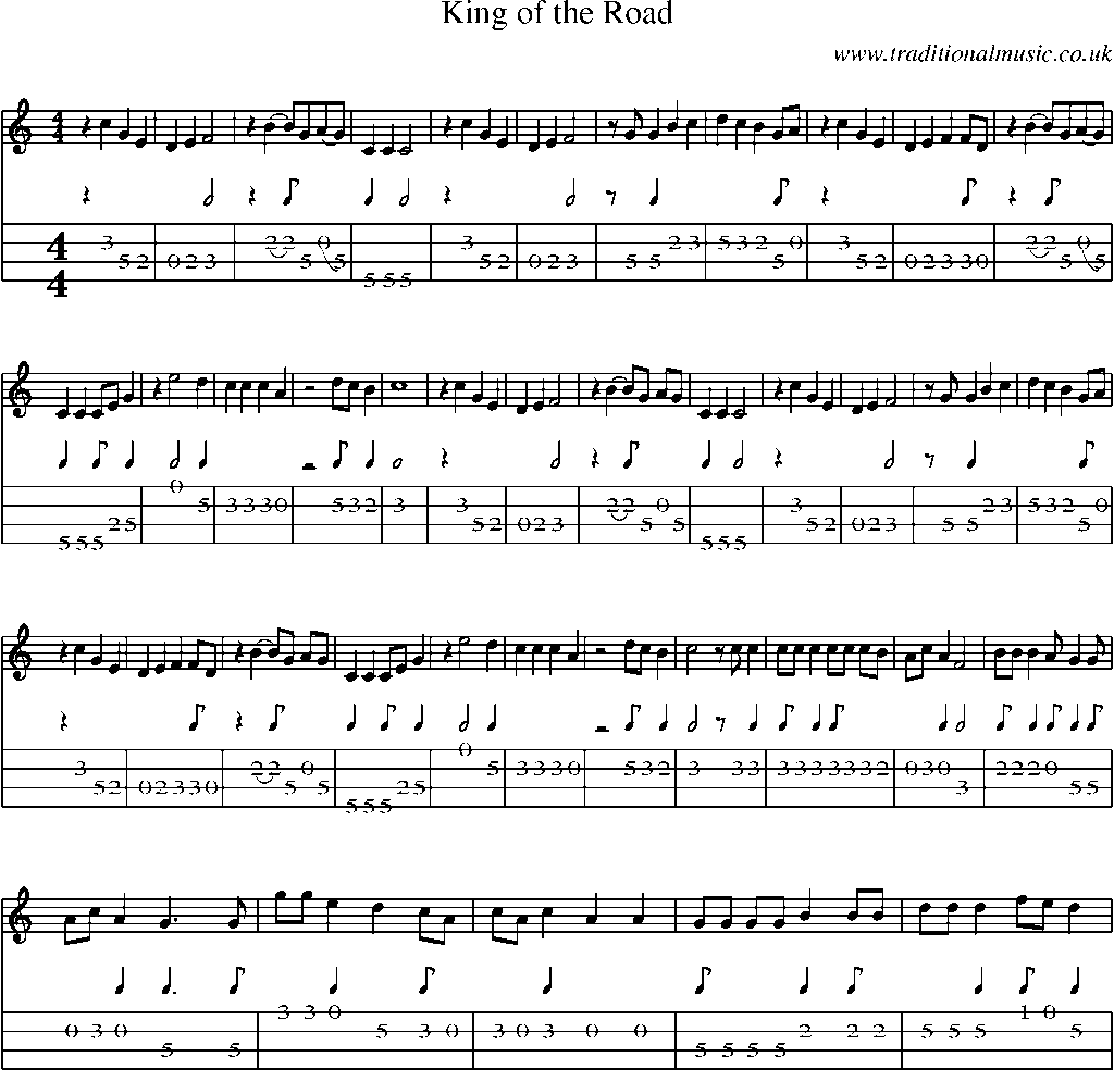Mandolin Tab and Sheet Music for King Of The Road