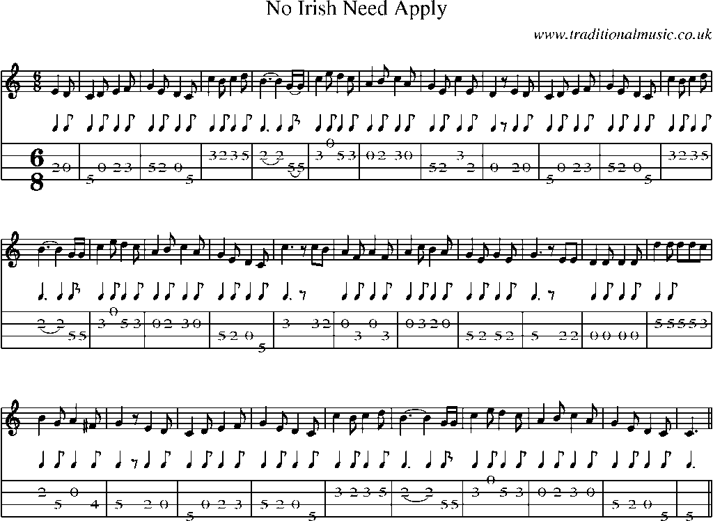 Mandolin Tab and Sheet Music for No Irish Need Apply