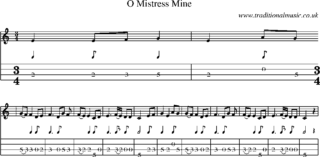 Mandolin Tab and Sheet Music for O Mistress Mine(1)