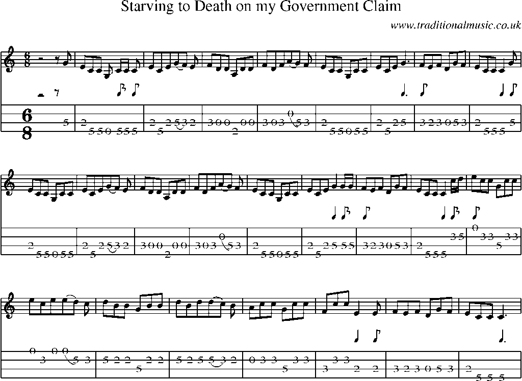 Mandolin Tab and Sheet Music for Starving To Death On My Government Claim