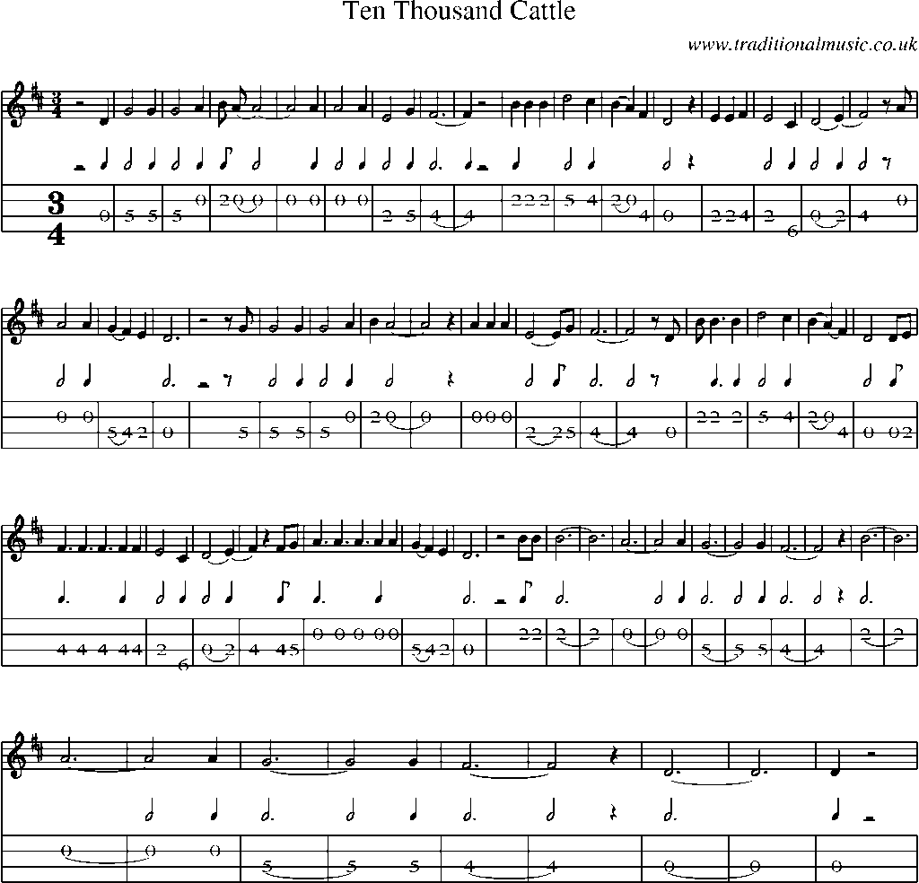 Mandolin Tab and Sheet Music for Ten Thousand Cattle(1)